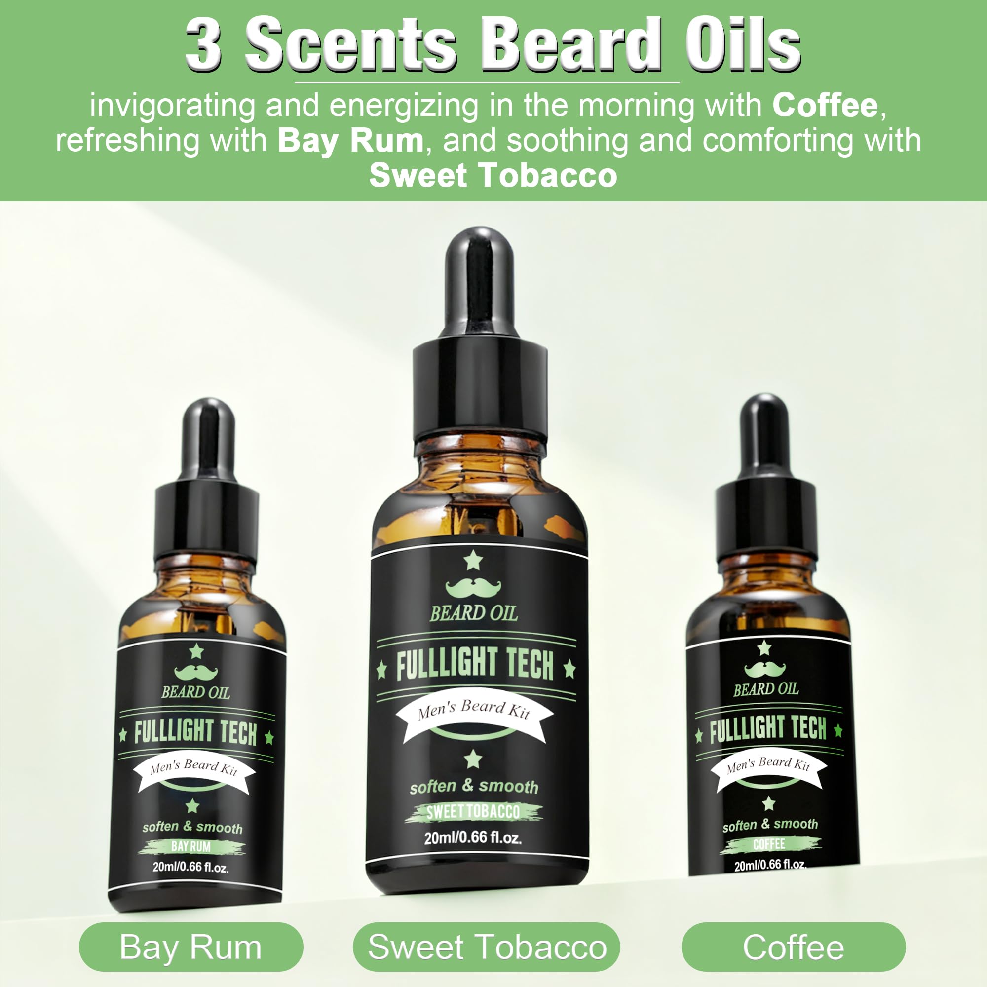 FullLIGHT TECH Sweet Tobacco beard oil bottle highlighting rich scent for daily care