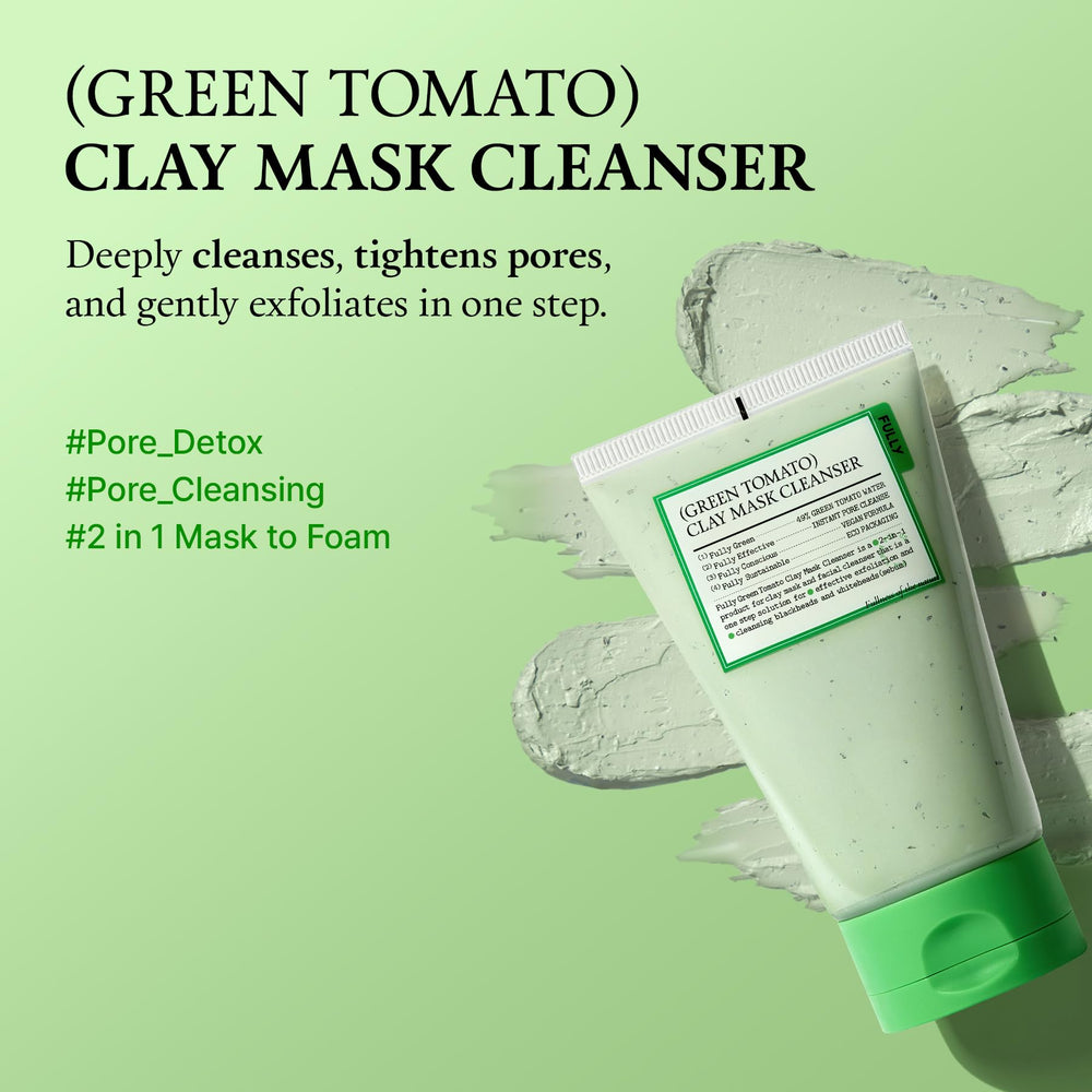 FULLY Green Tomato Clay Mask Cleanser jar close-up shows creamy texture ideal for cleansing.