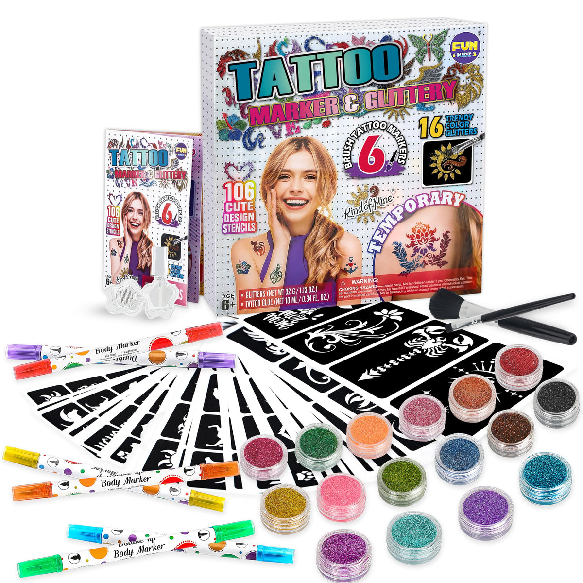 FUN KIDZ tattoo kit case and markers for portable kid-friendly body art