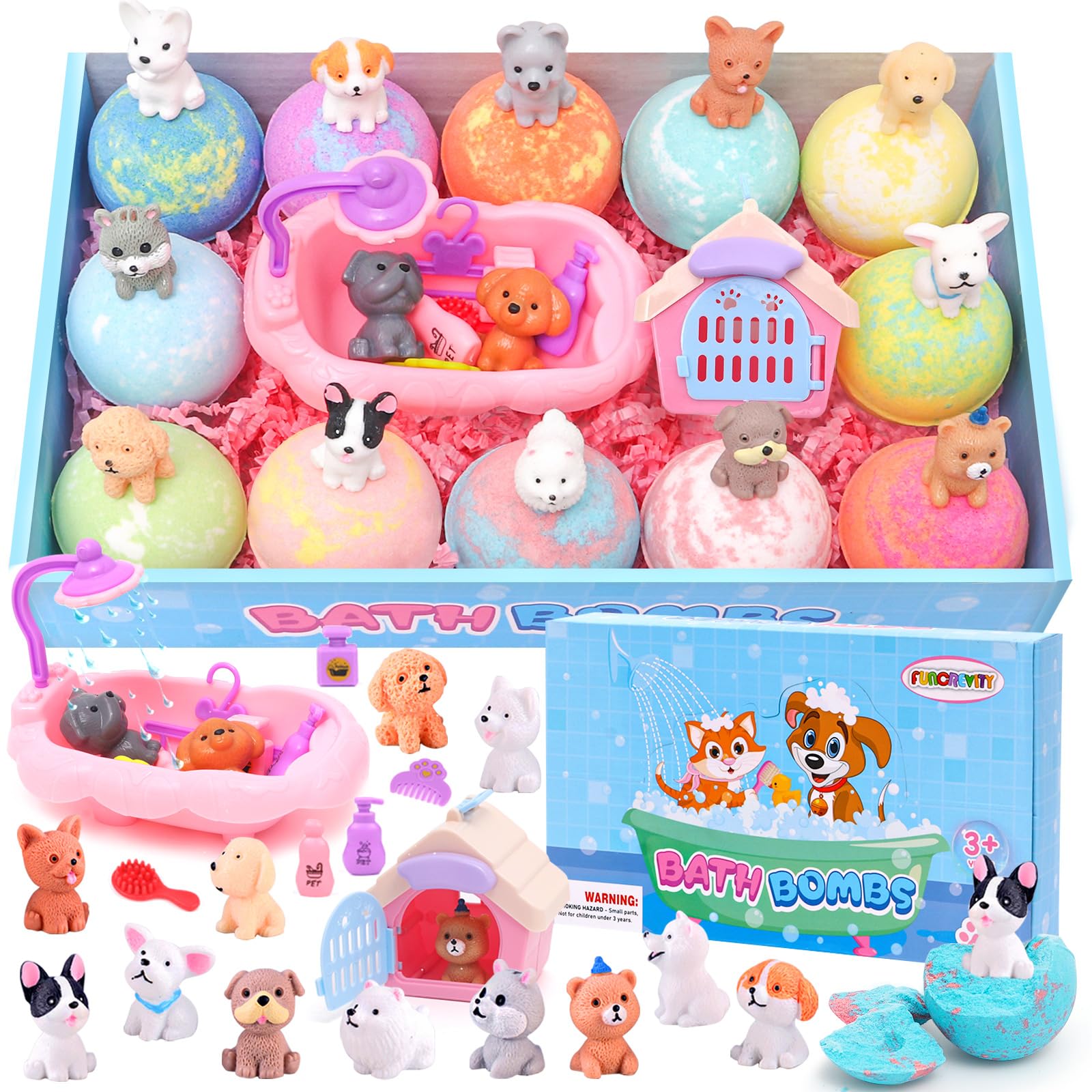Funcrevity kids bath bombs reveal surprise inside packaging for bath-time delight.