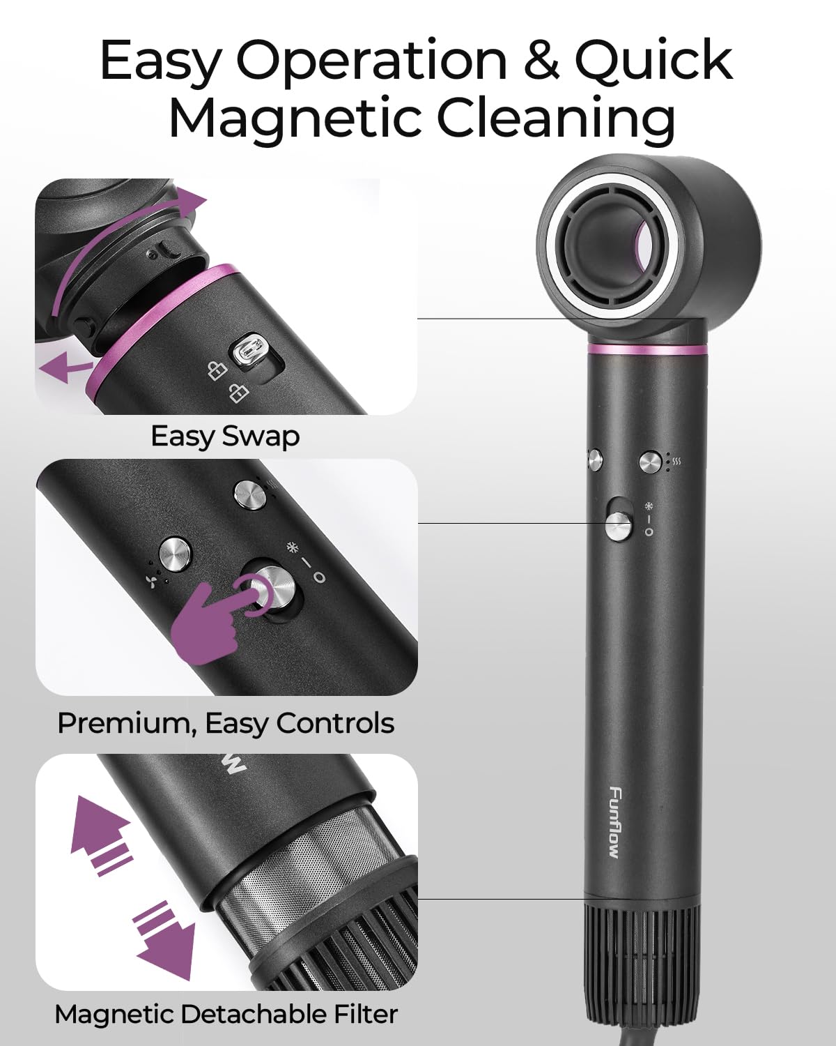 Funflow volumizing brush adds body and lift for fuller hairstyles.