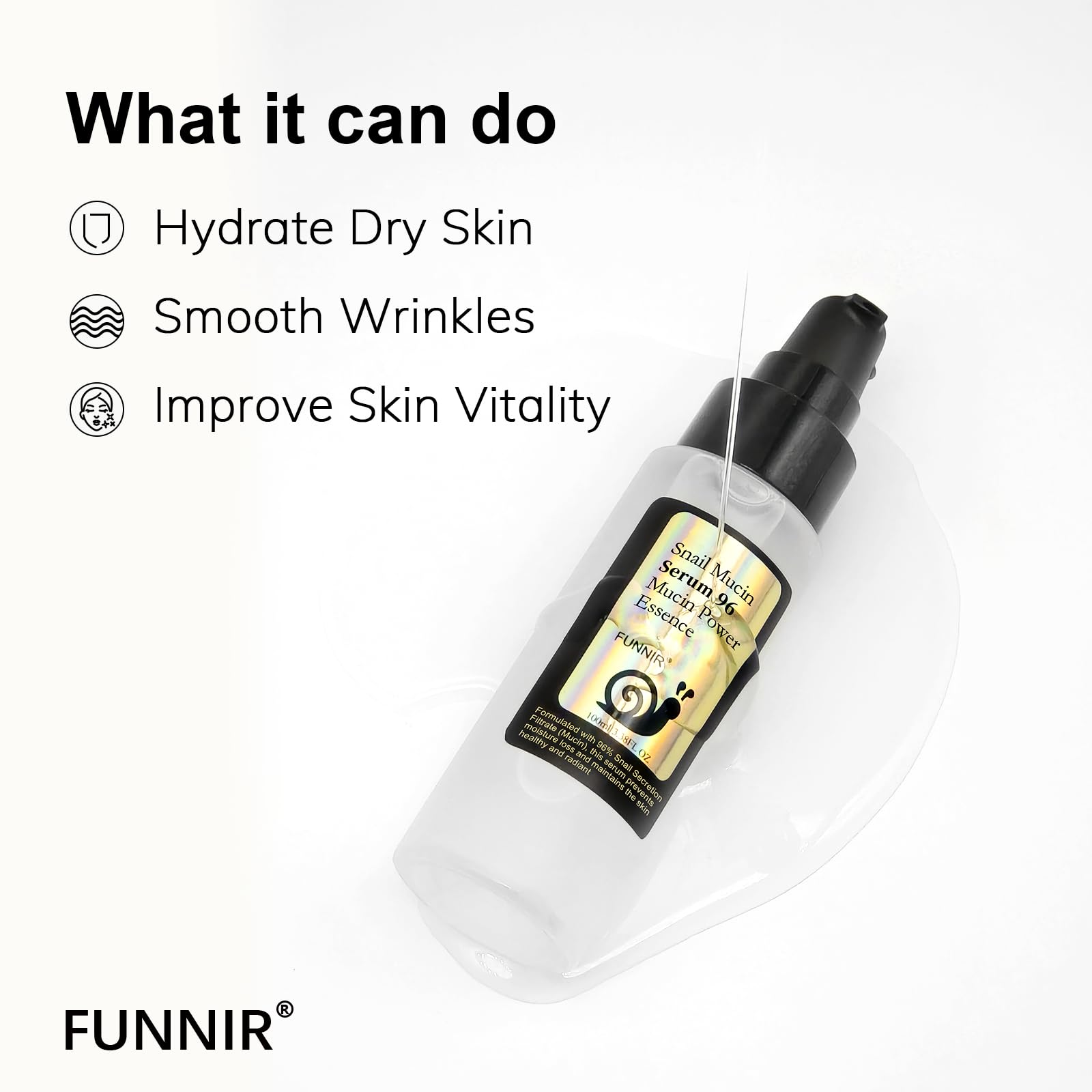 FUNNIR Snail Mucin 96% Essence packaging front emphasizes natural ingredients
