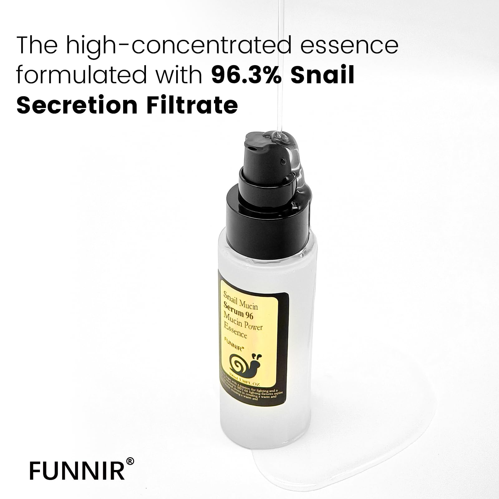 FUNNIR Snail Mucin 96% Essence texture swirl highlights lightweight formula