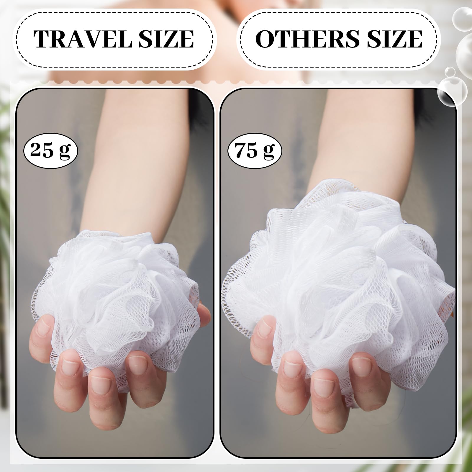 Funnymoom mini white loofah 25g compact bath puff for easy packing.