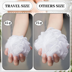 Funnymoom mini white loofah 25g compact bath puff for easy packing.