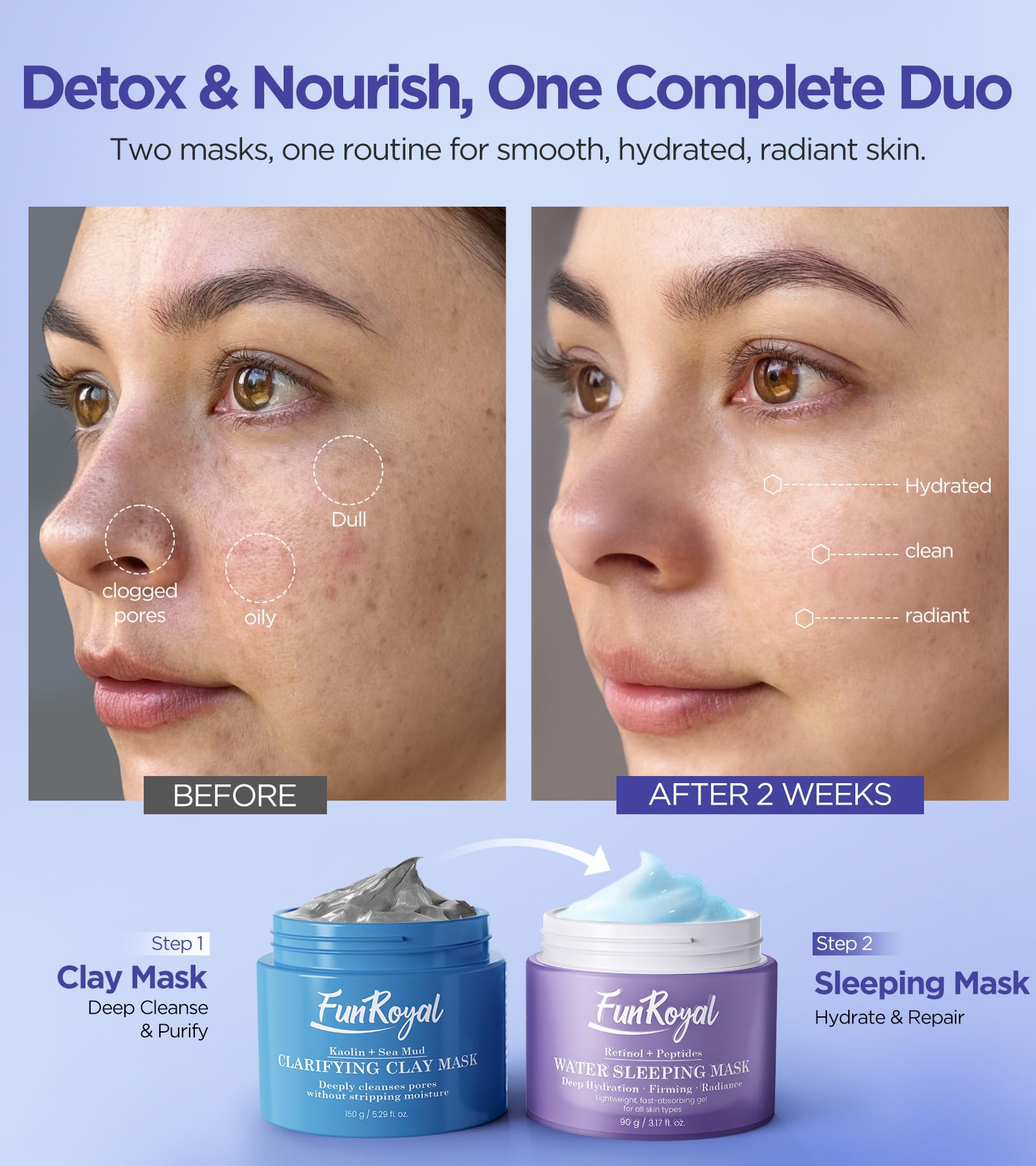 FunRoyal Glow-Boosting Face Masks clay mask jar shows deep pore cleansing benefits.
