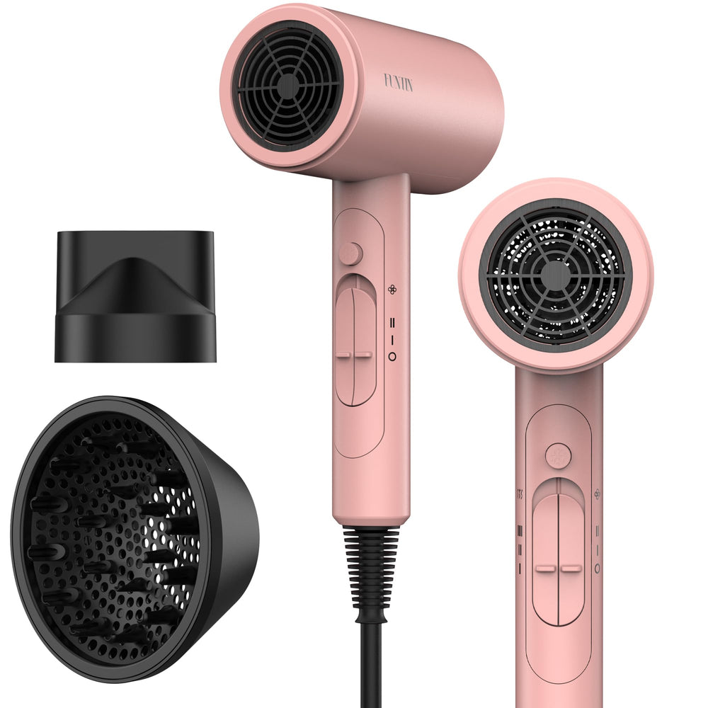 FUNTIN hair dryer in baby pink with a compact body for fast, smooth drying.
