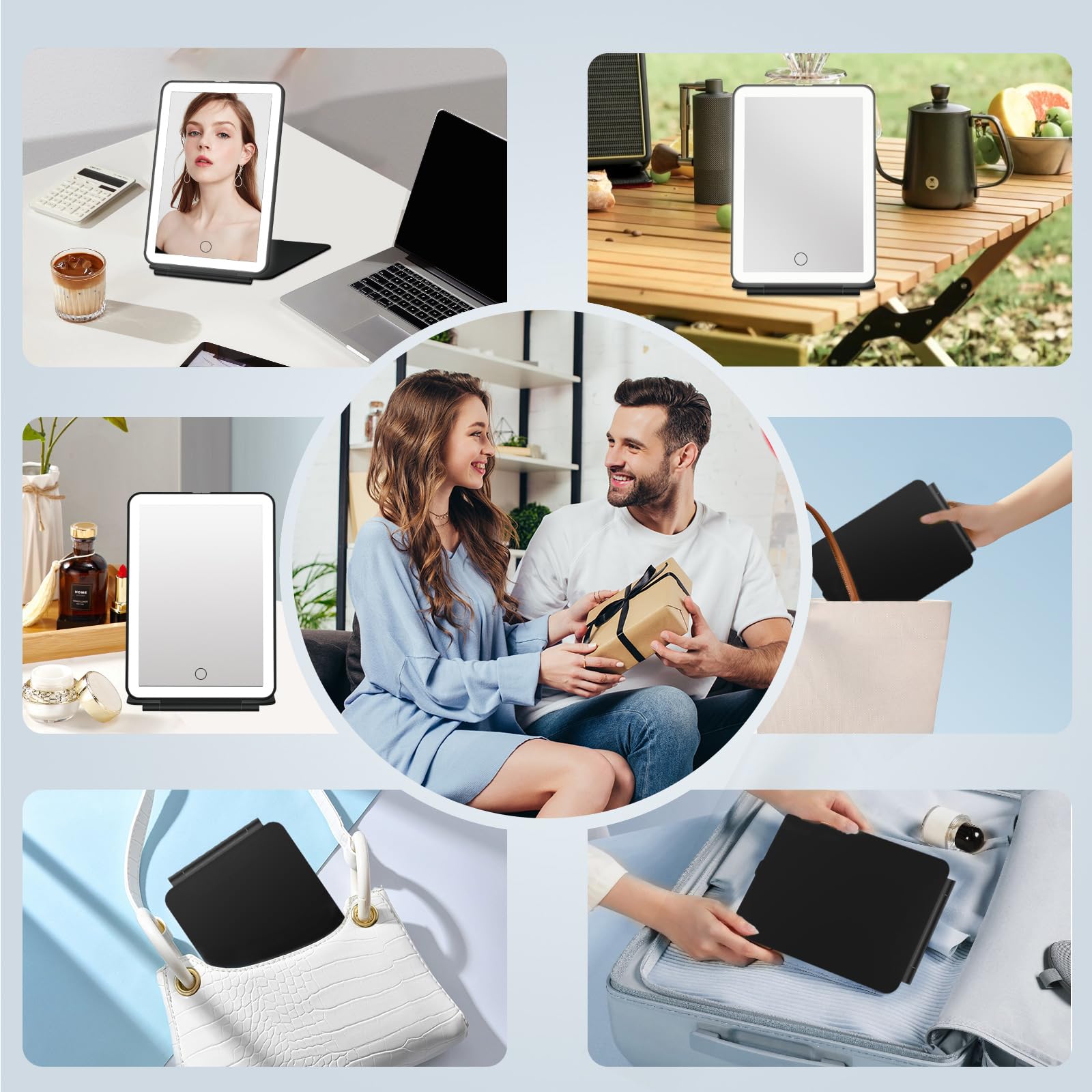 FUNTOUCH compact mirror features 1000mAh battery for travel days.