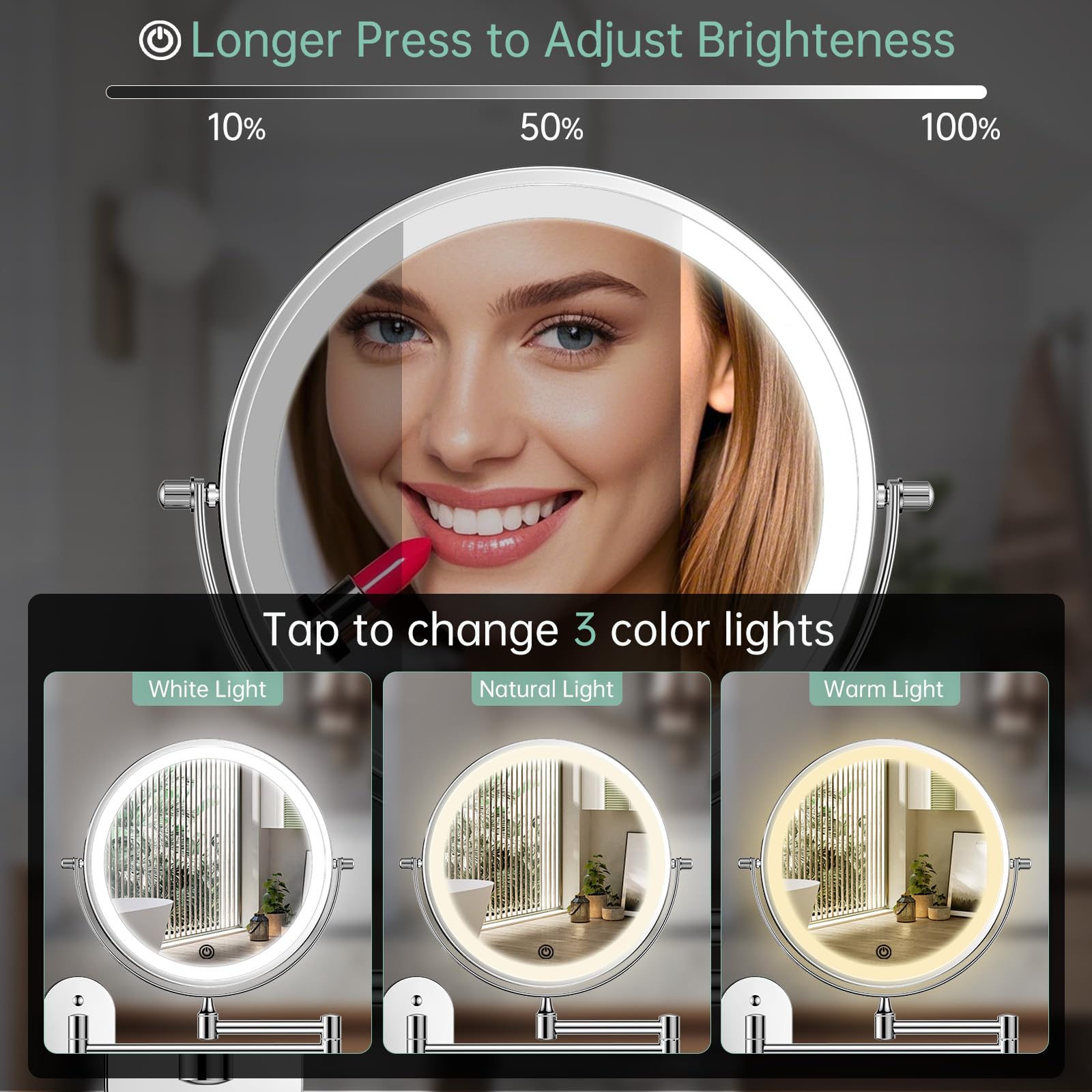 FUNTOUCH 3 color lighting options show makeup in daylight, warm evening, and office lighting.