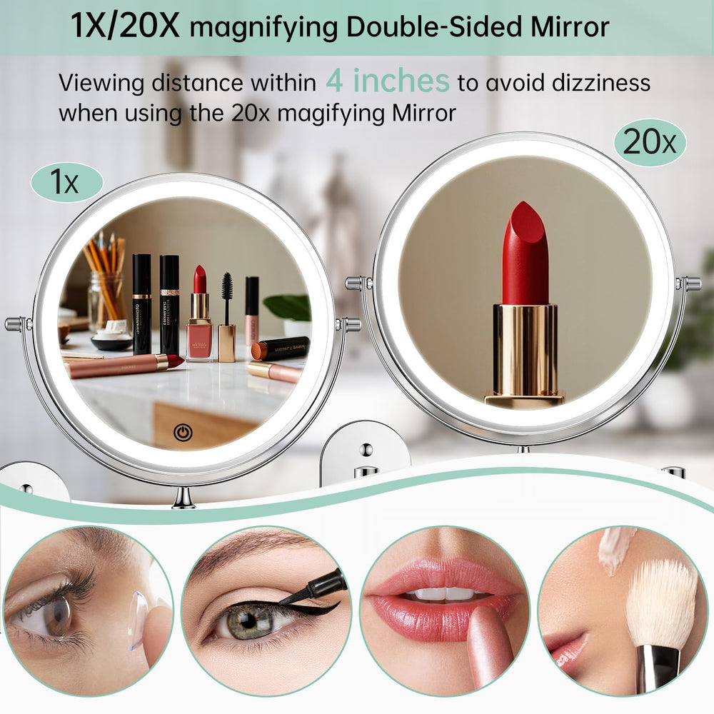 FUNTOUCH 8-inch double-sided mirror with 1X/20X magnification for precise eyeliner and brows.