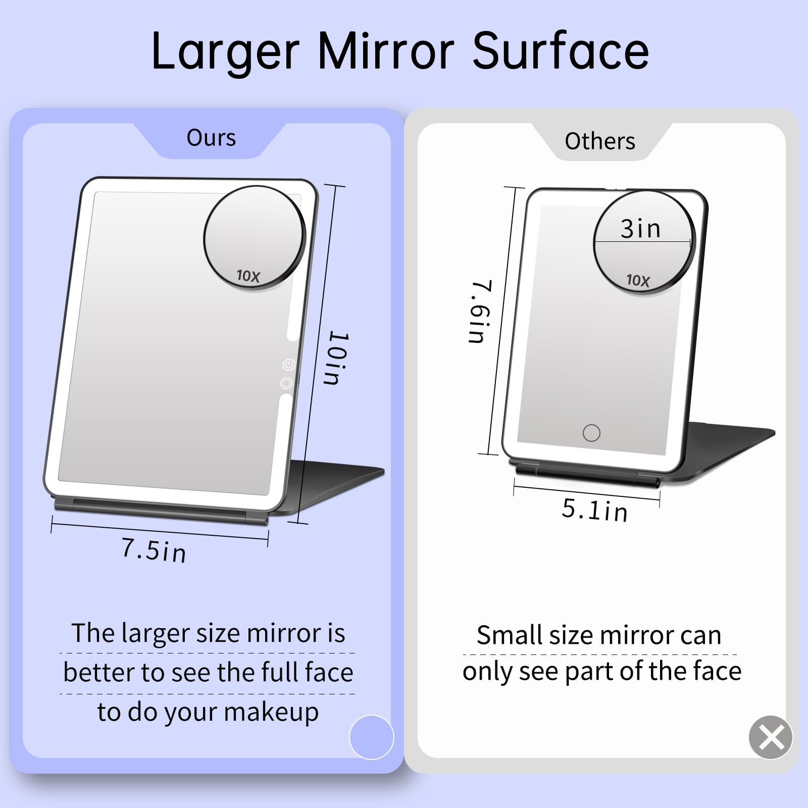 FUNTOUCH folding travel mirror 10x7.5 inch large surface for full-face view