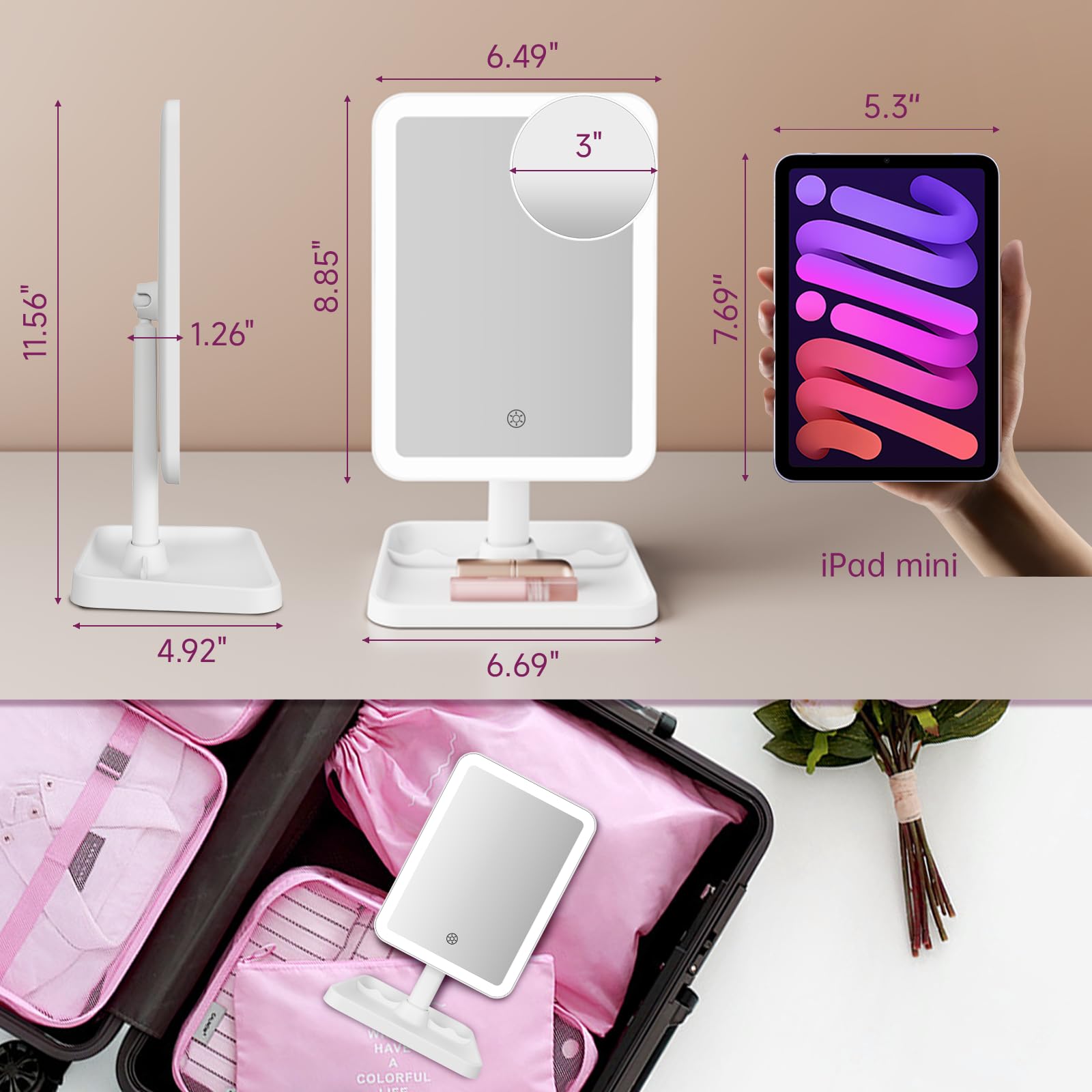 FUNTOUCH rechargeable lighted mirror side view highlights sleek profile.