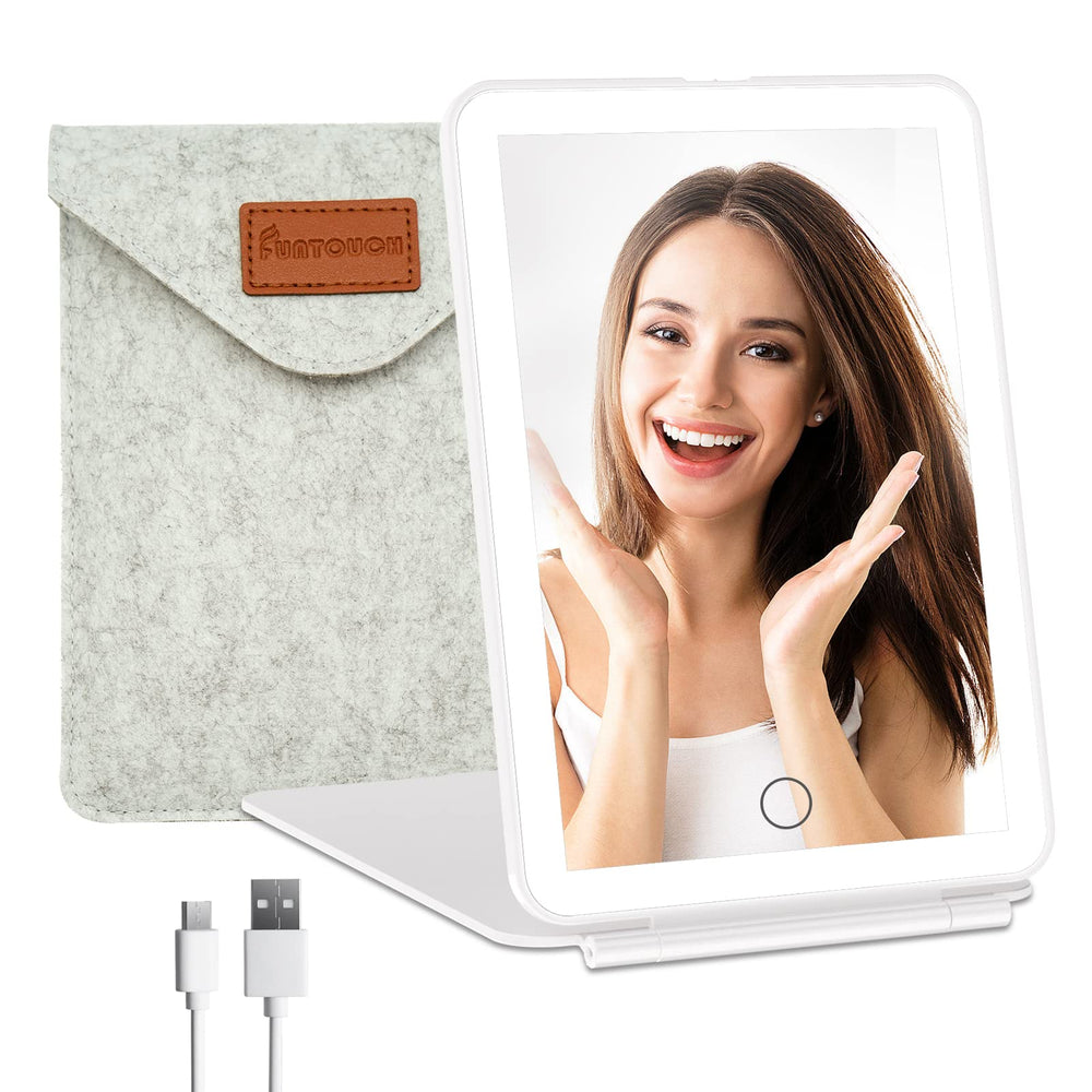 FUNTOUCH rechargeable travel mirror with 72 LEDs provides bright, even lighting for precise makeup.