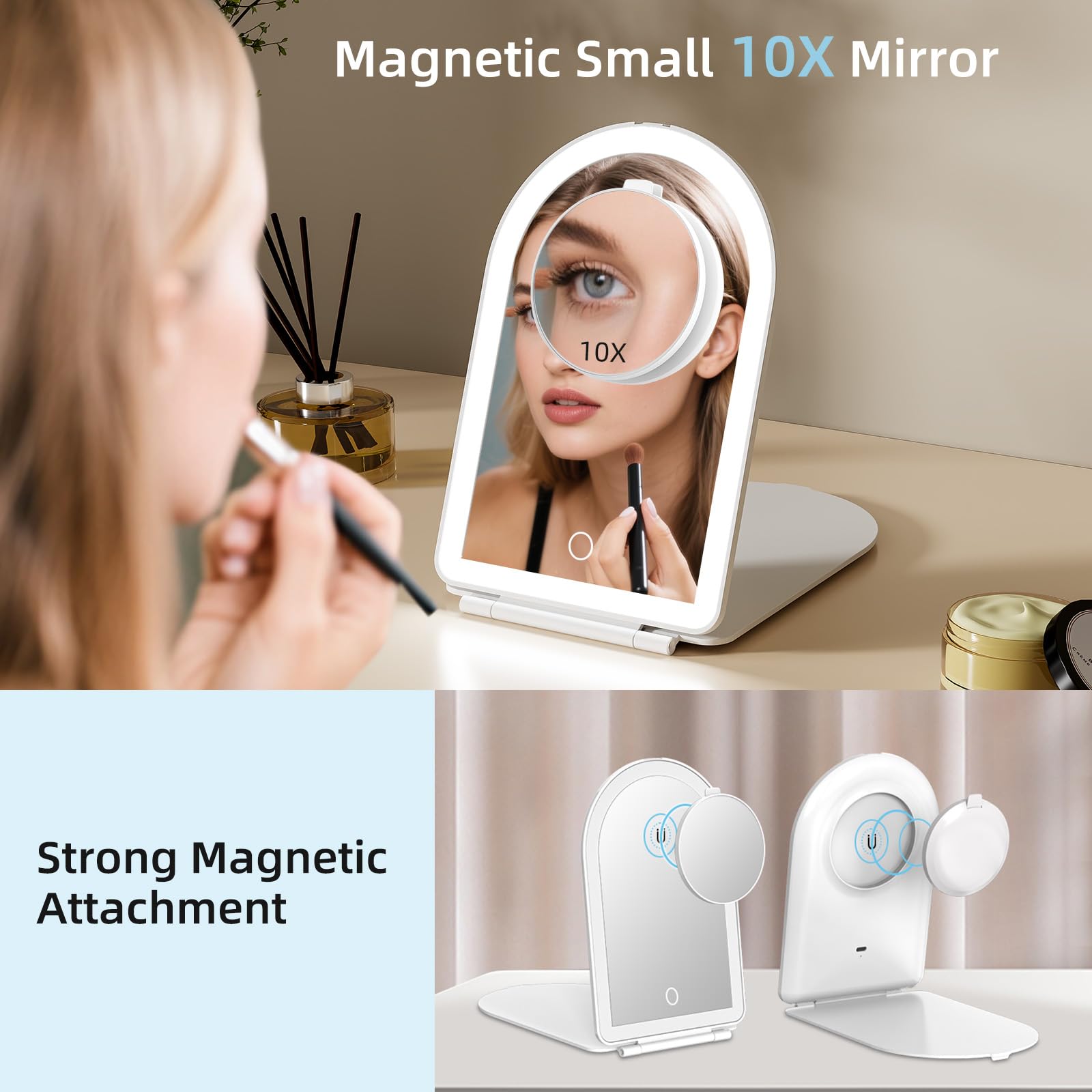 Funtouch travel mirror magnifier 10x attached for precise makeup application