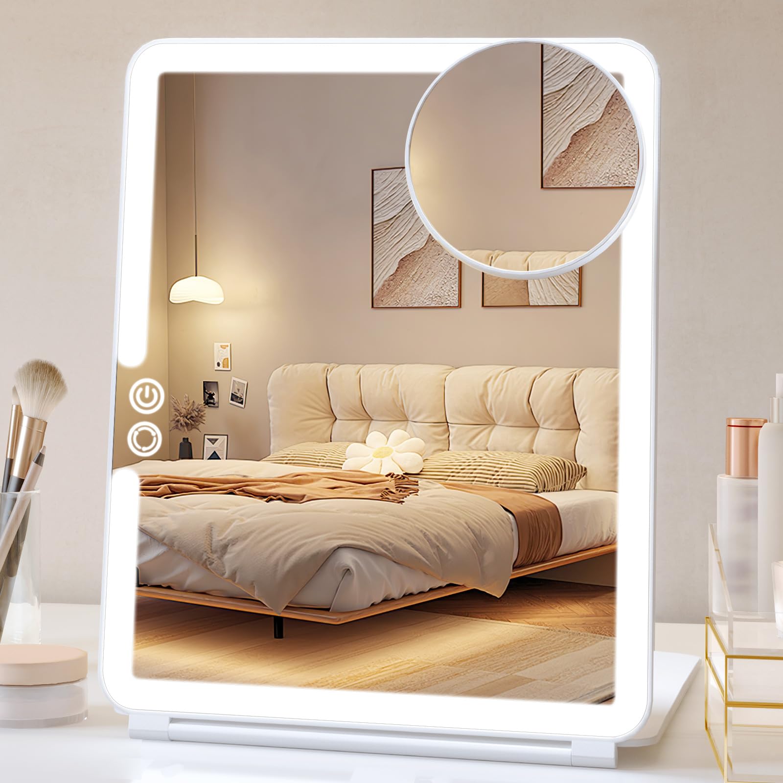FUNTOUCH travel mirror with warm-cool lighting shows accurate makeup colors on the go.