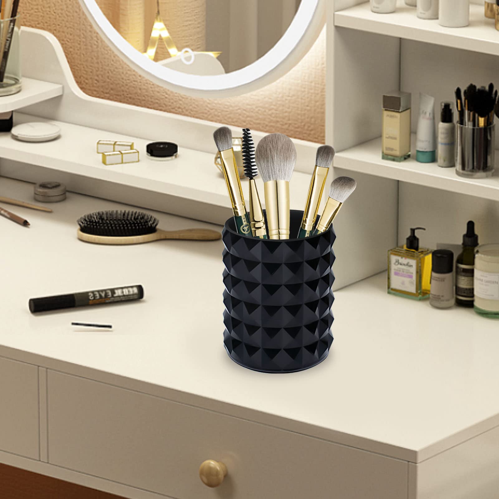 Funtygy acrylic makeup brush holder black round side view keeps counter organized and brushes in sight