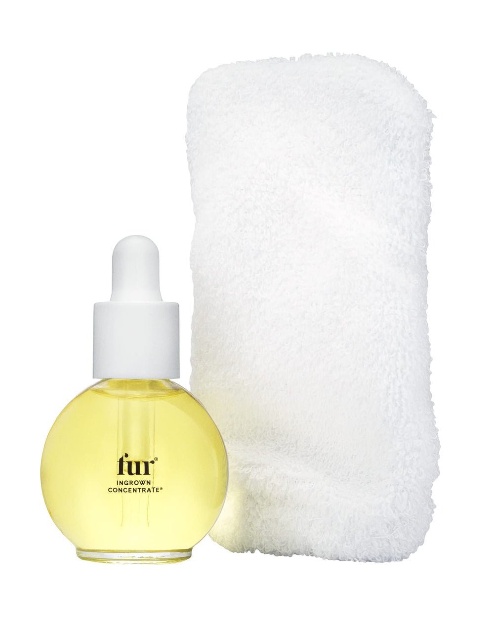 Fur Ingrown Concentrate bottle close-up highlights non-greasy hydration for skin.