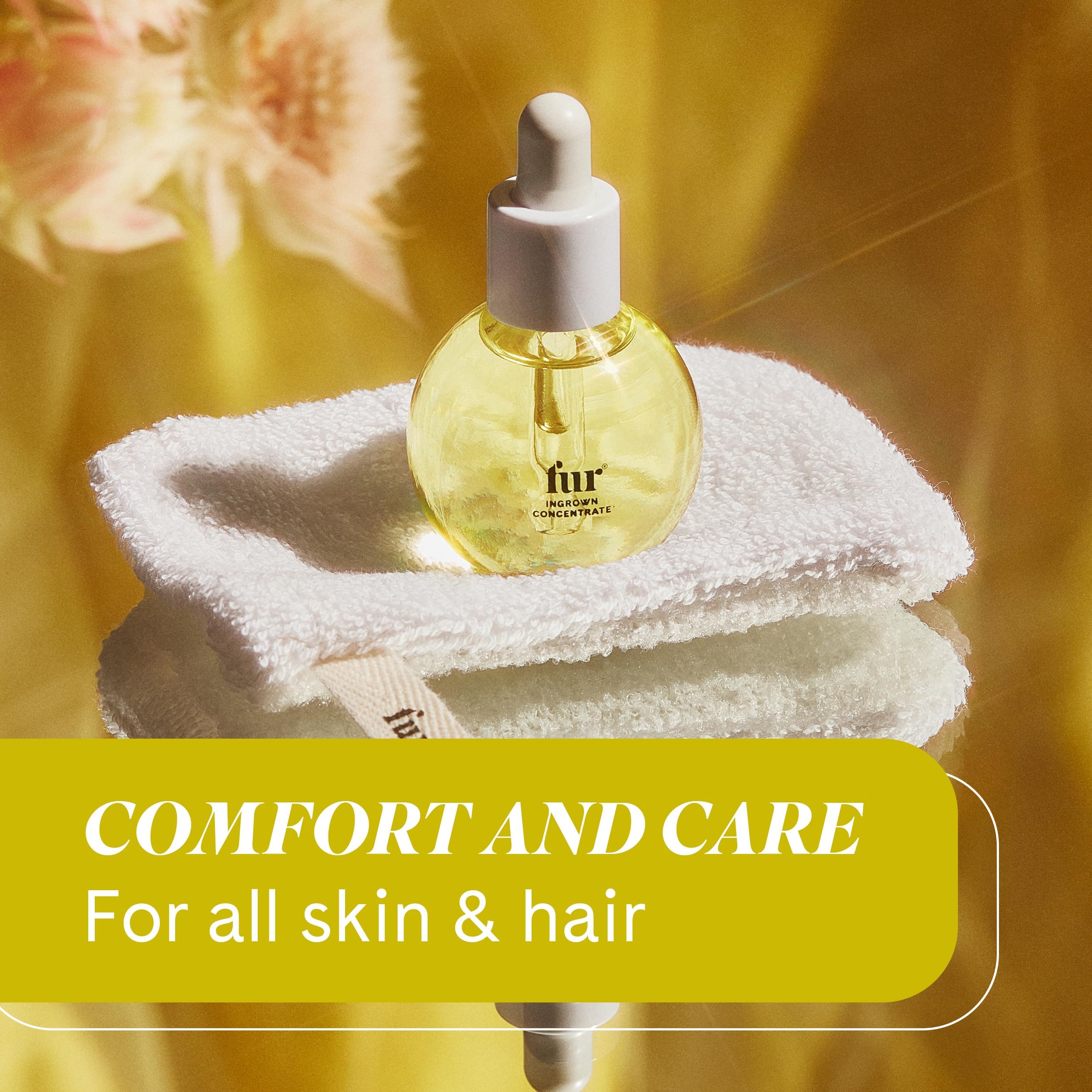 Fur Ingrown Concentrate ingredients glass bottle emphasizes hydrating oils for soft skin.