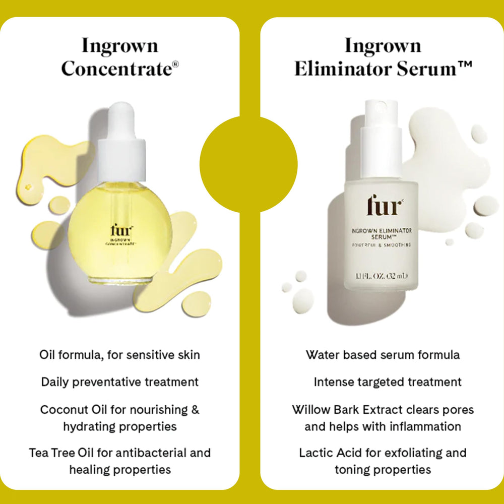 Fur Ingrown Eliminator Serum ingredients label highlights natural AHAs and botanicals.