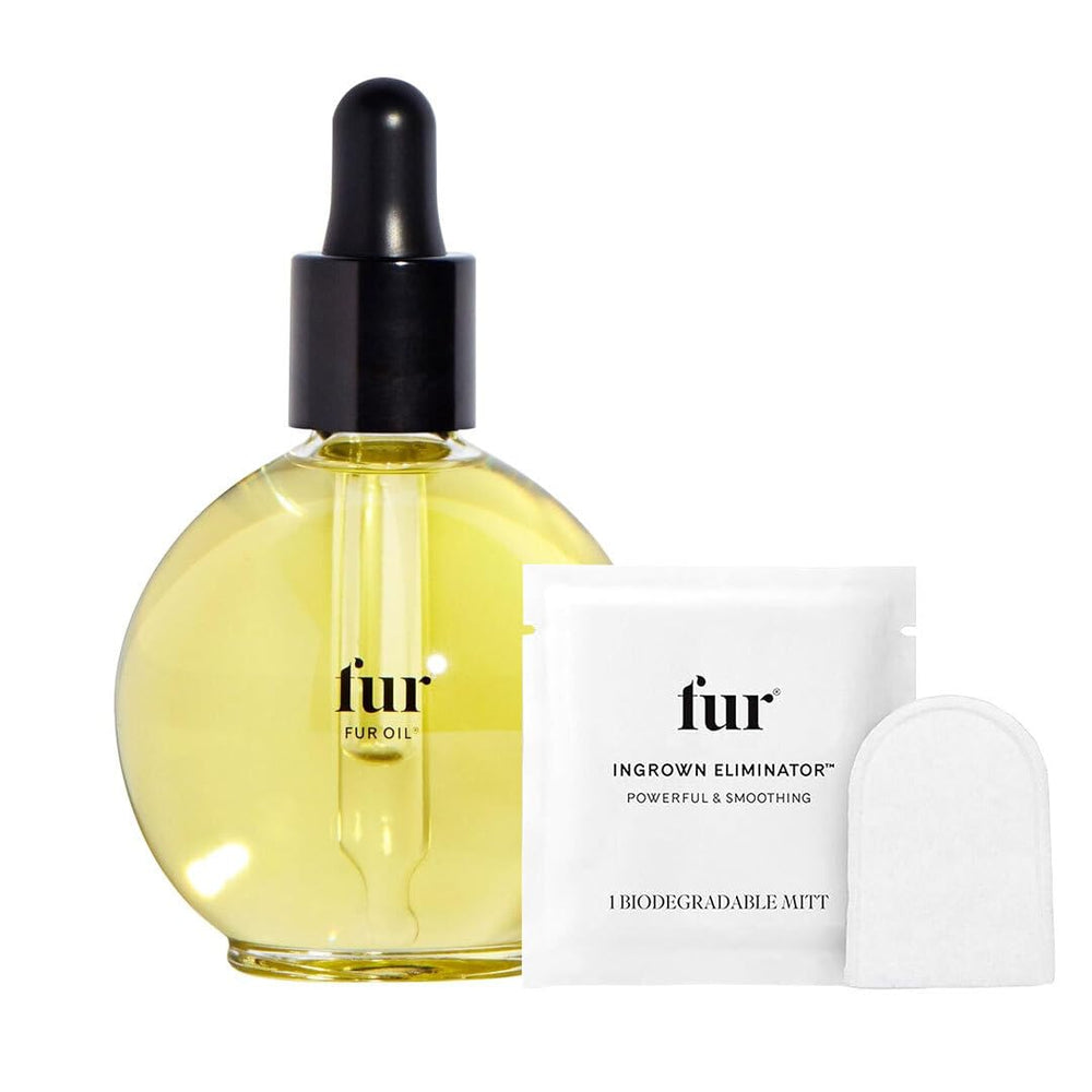 Fur Oil bottle closeup shows silky texture and premium packaging for ingrown prevention.
