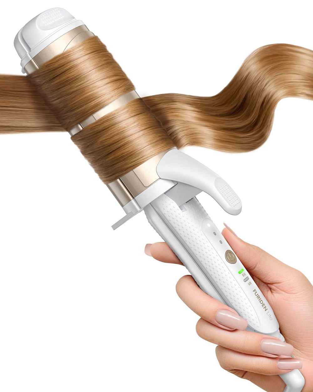 FURIDEN Lite curling iron closeup-barrel ceramic, even heat for smooth styling.