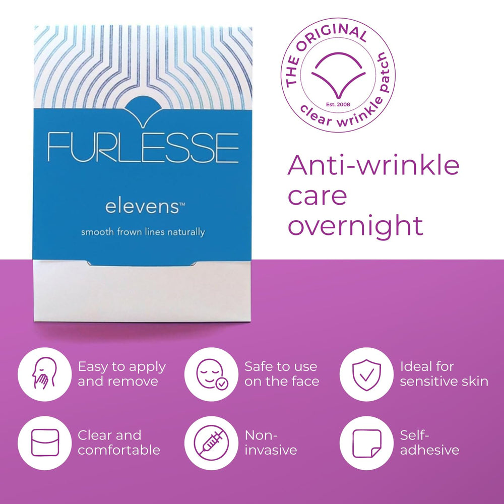 Furlesse Elevens wrinkle patches on face demonstrating discreet overnight brow smoothing.