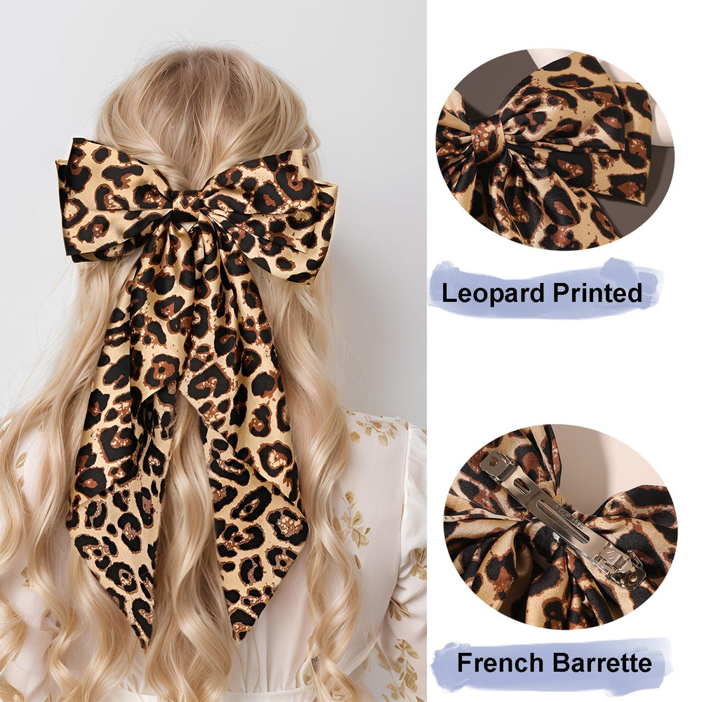 Furling Pompoms leopard hair bow camel side view for versatile everyday wear.