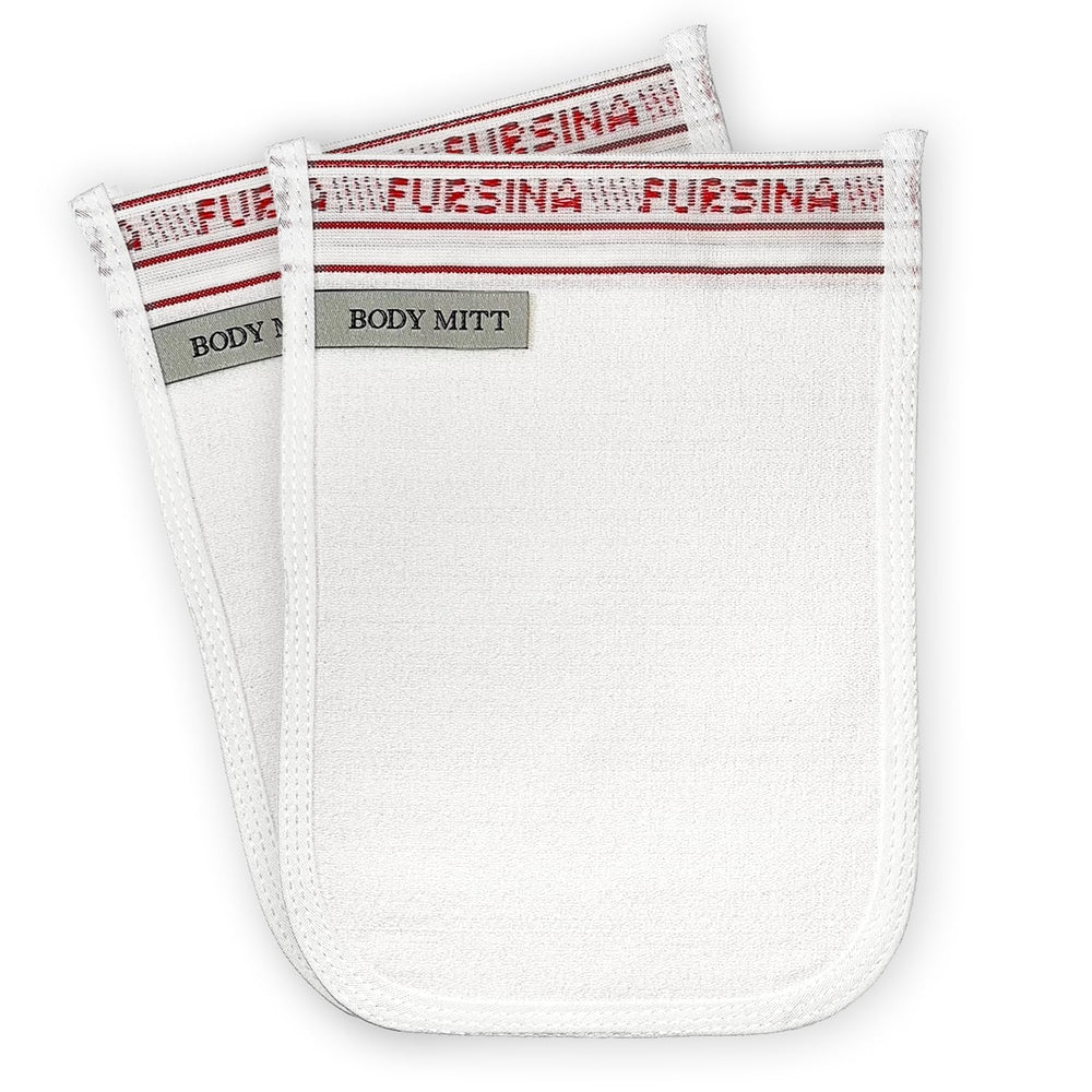 FURSINA exfoliating glove dual-pack shown for gentle dead skin removal in shower.