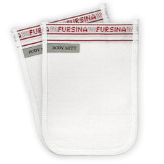 FURSINA exfoliating glove dual-pack shown for gentle dead skin removal in shower.