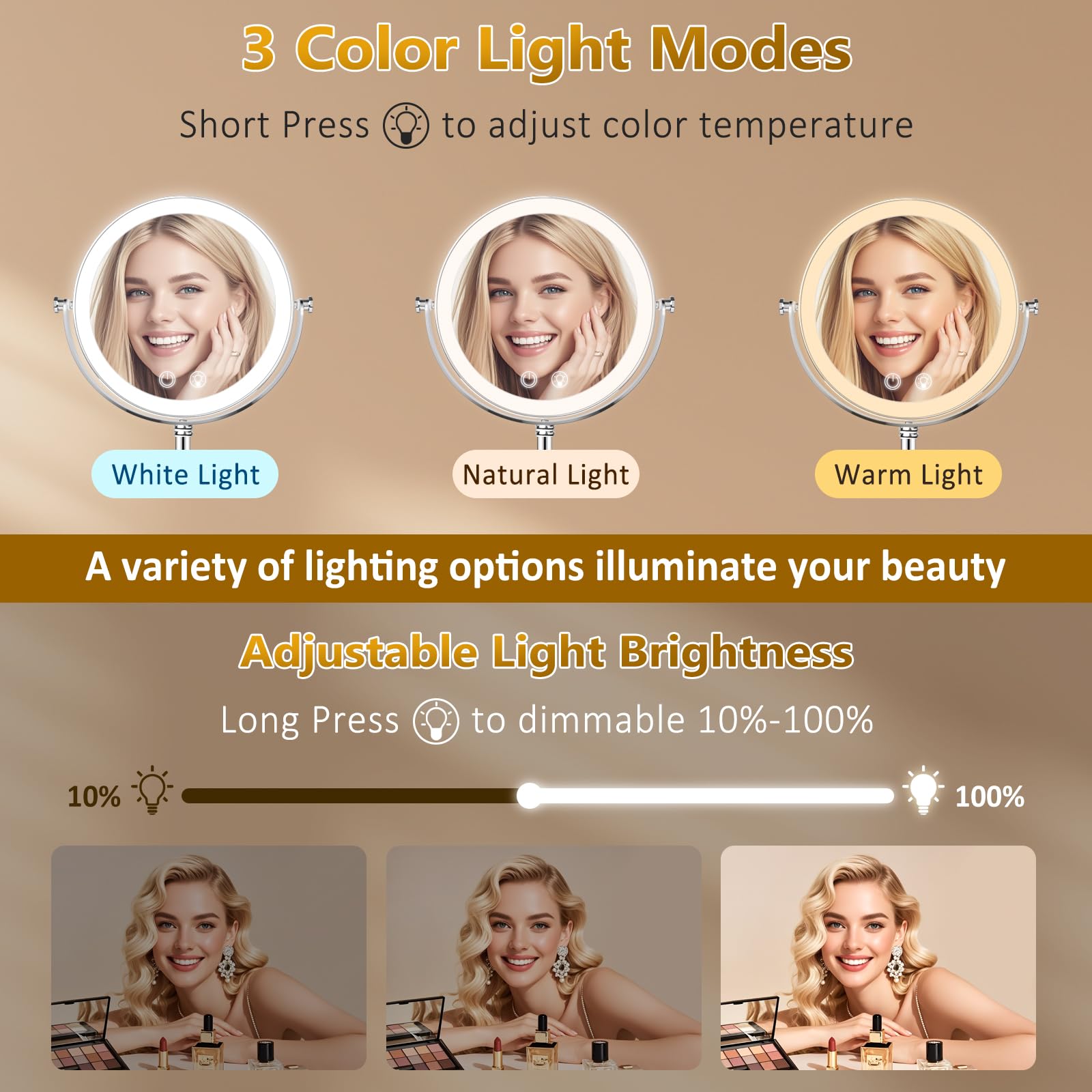 Fursourige vanity mirror with three color modes for true‑color makeup checks.
