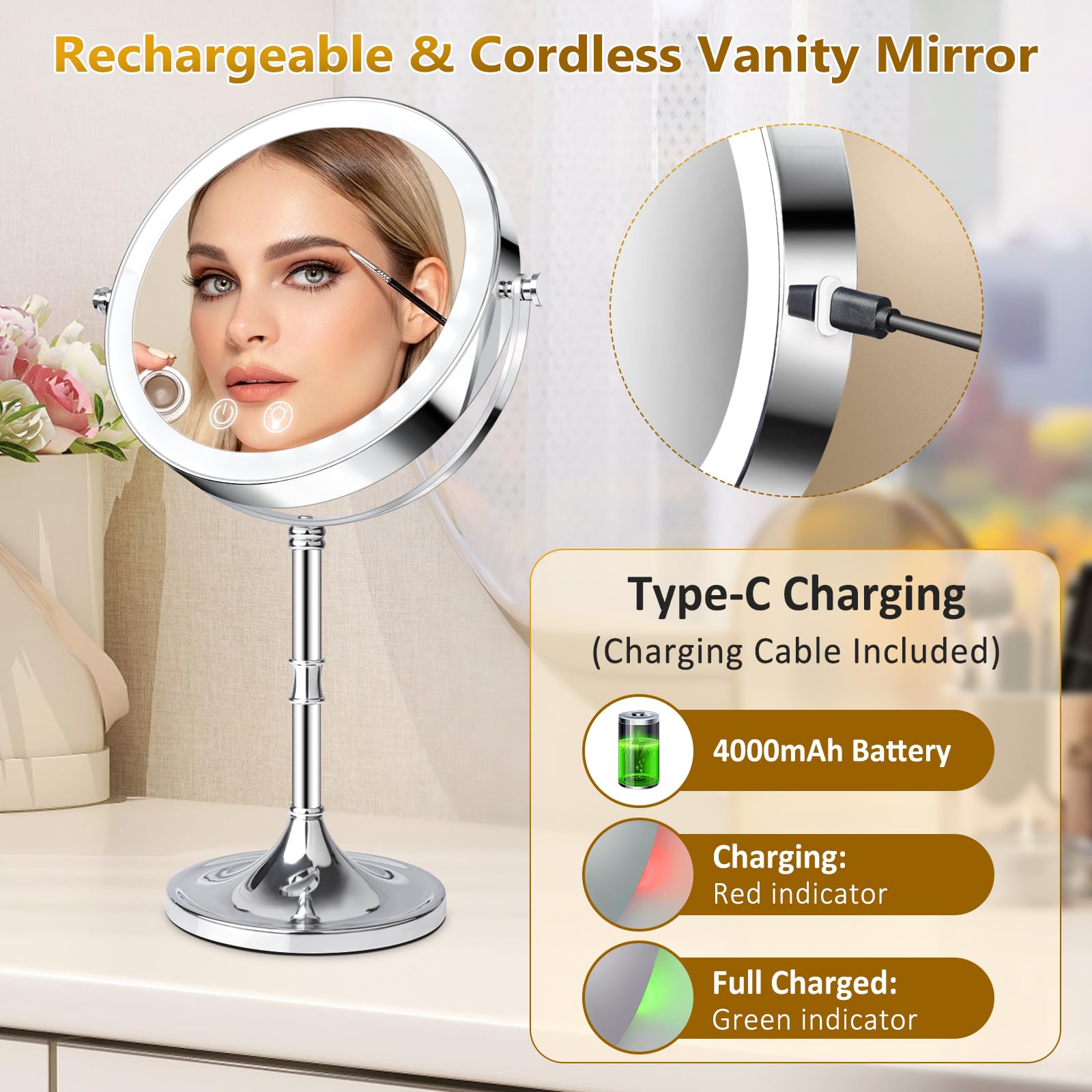 Fursourige vanity mirror rotates 360 degrees for flexible viewing angles.