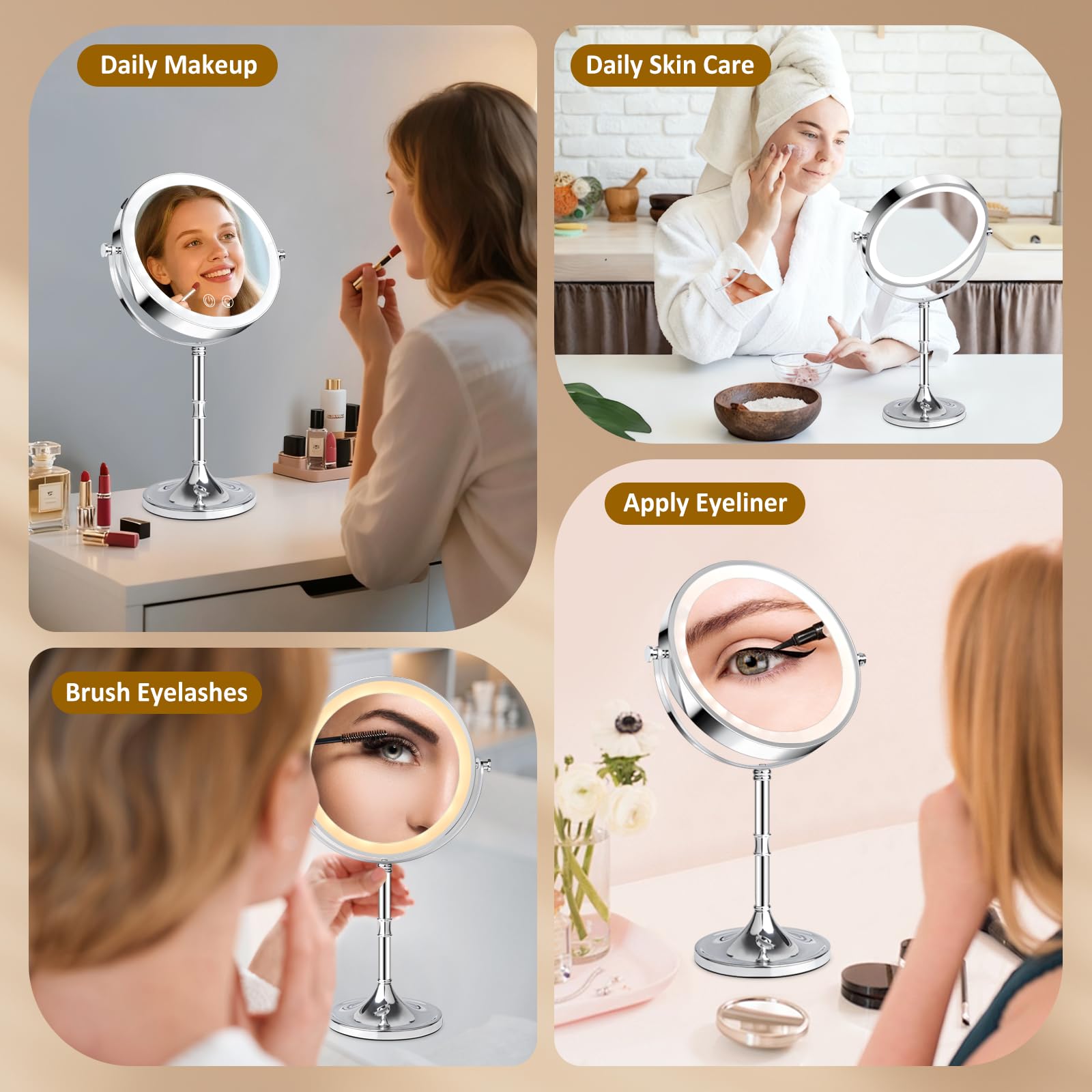 Fursourige vanity mirror in handheld travel mode for on‑the‑go touch-ups.