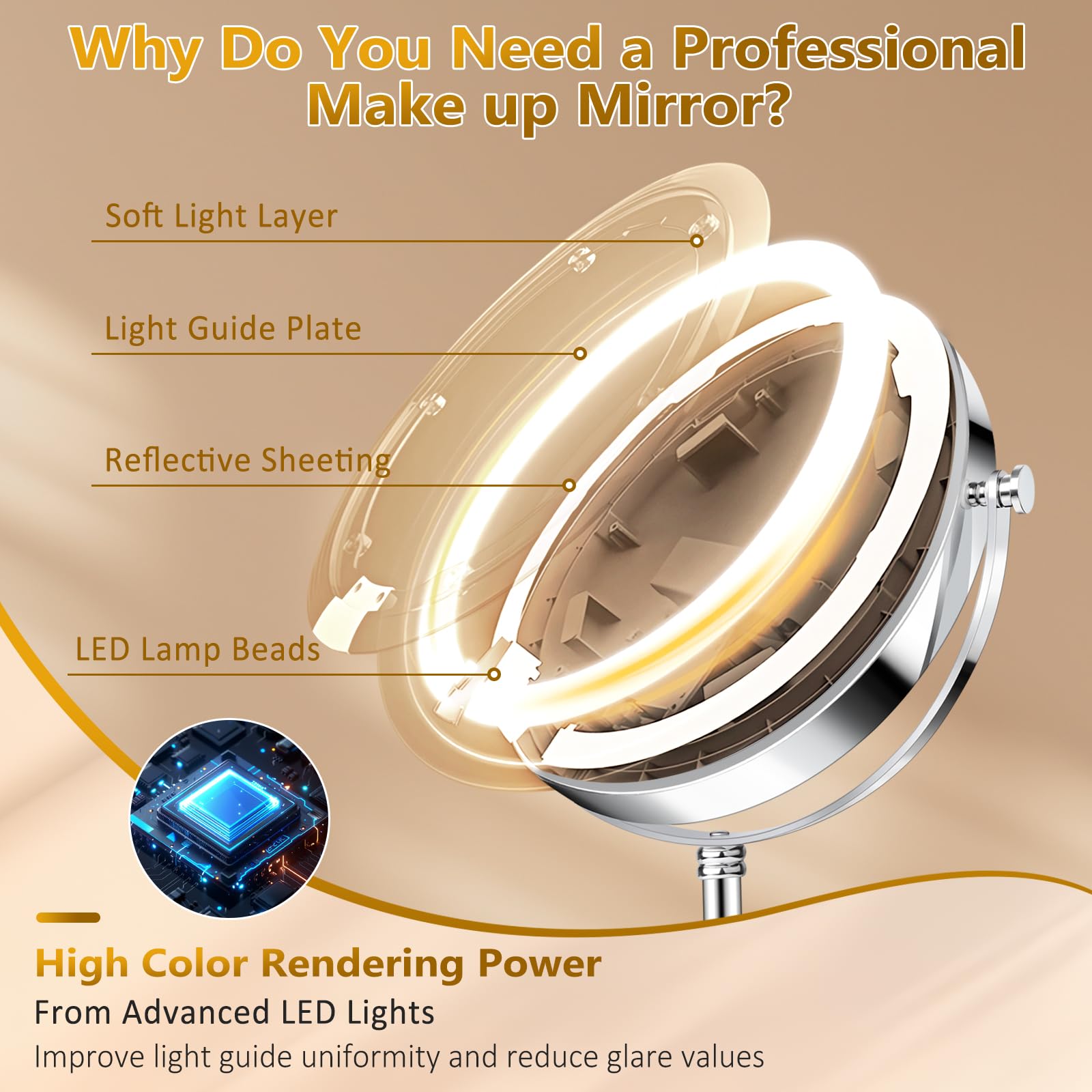 Fursourige vanity mirror base is sturdy and detachable for standing or handheld use.