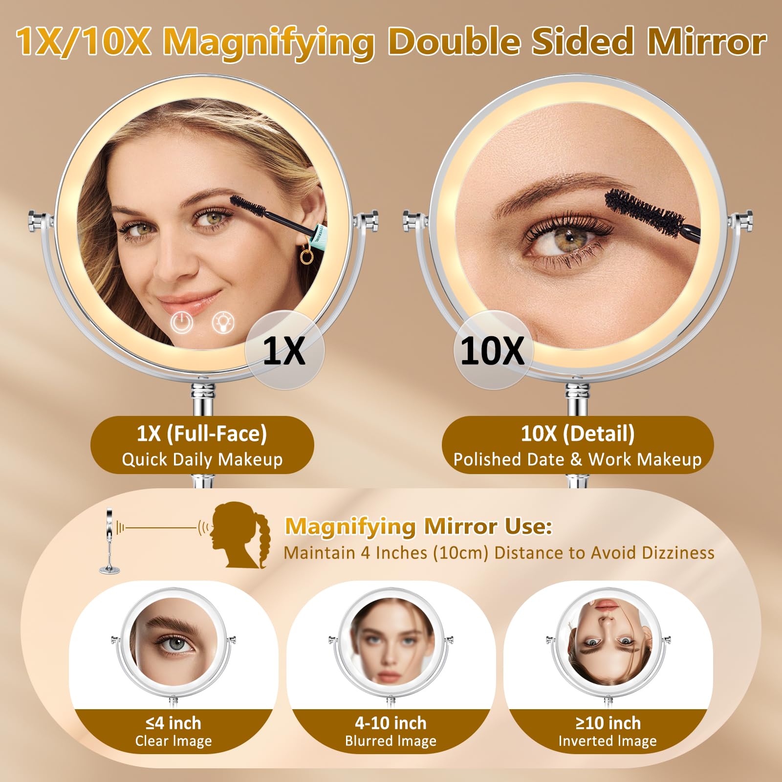 Fursourige vanity mirror with stepless dimming for customizable brightness.