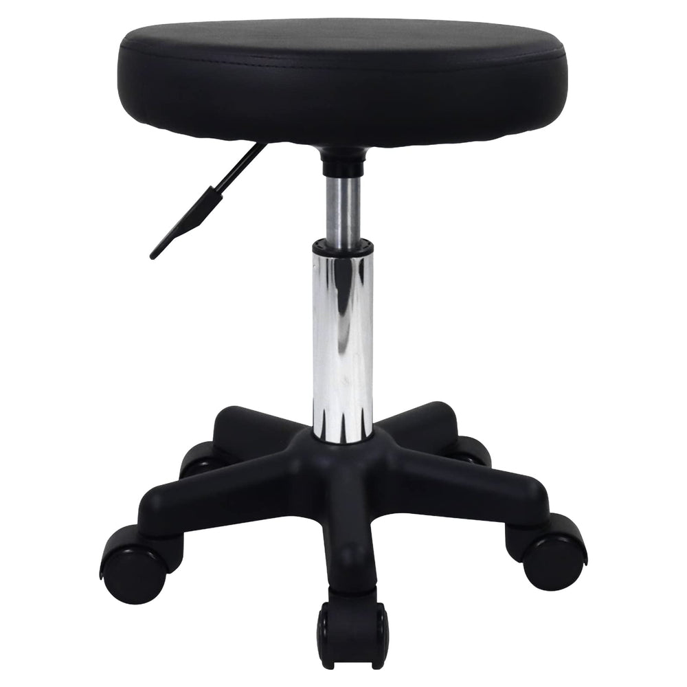 FURWOO round stool side view shows adjustable height for comfortable spa seating.