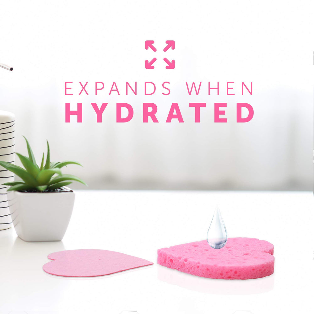 Fushay compressed facial sponge when wet expands for full-face cleansing and gentle exfoliation.