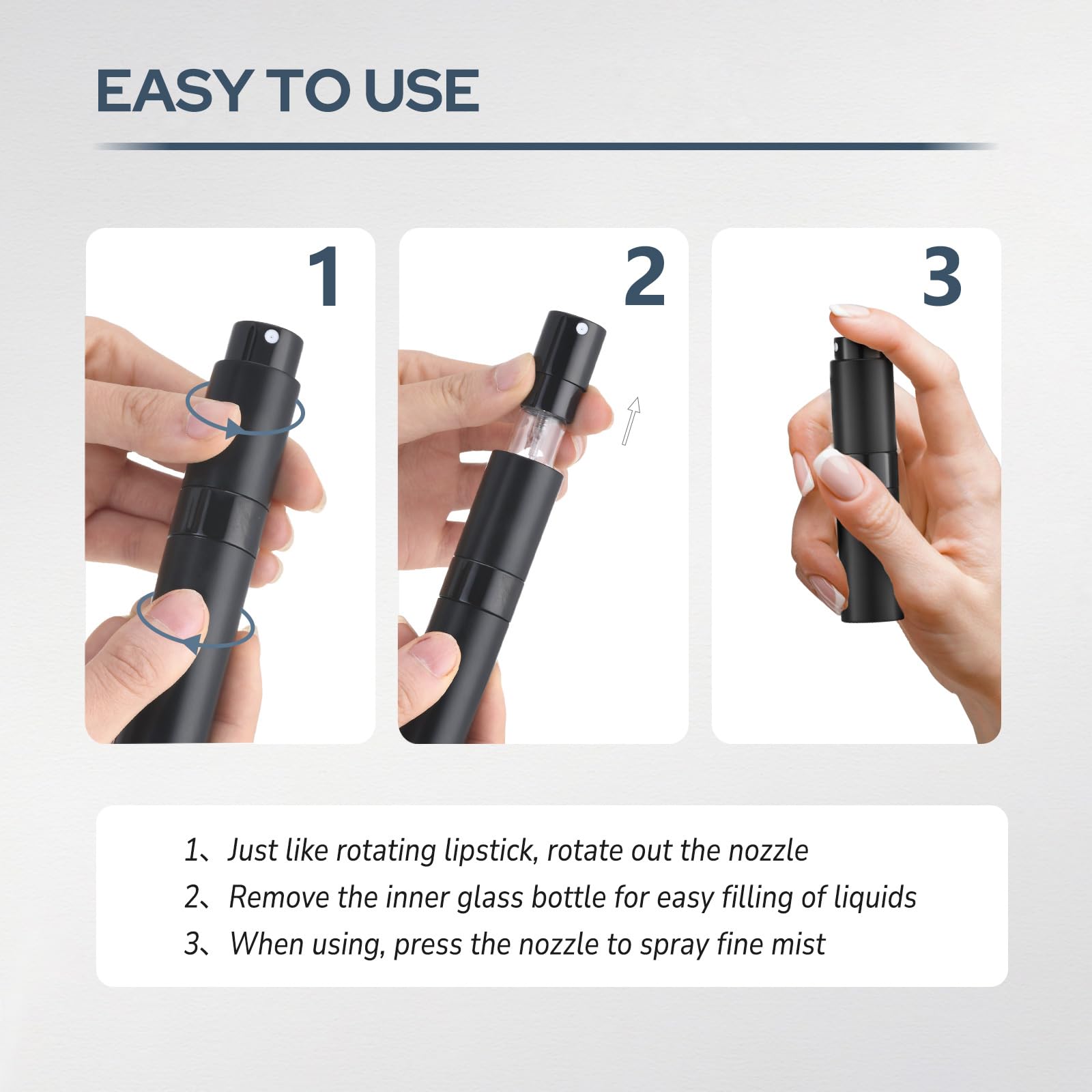 Fusupak compact spray bottle fits purses, bags, or car compartments.
