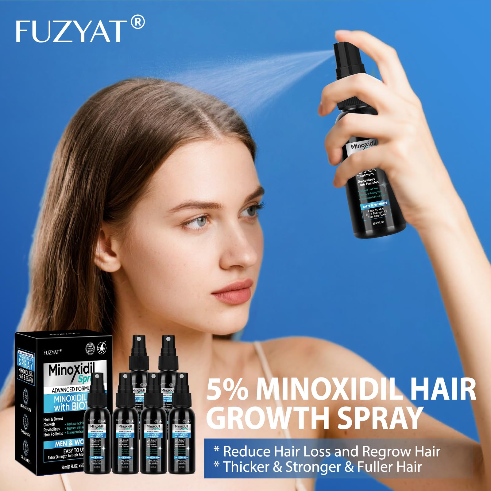 FUZYAT minoxidil spray formula with biotin and niacinamide ingredients.