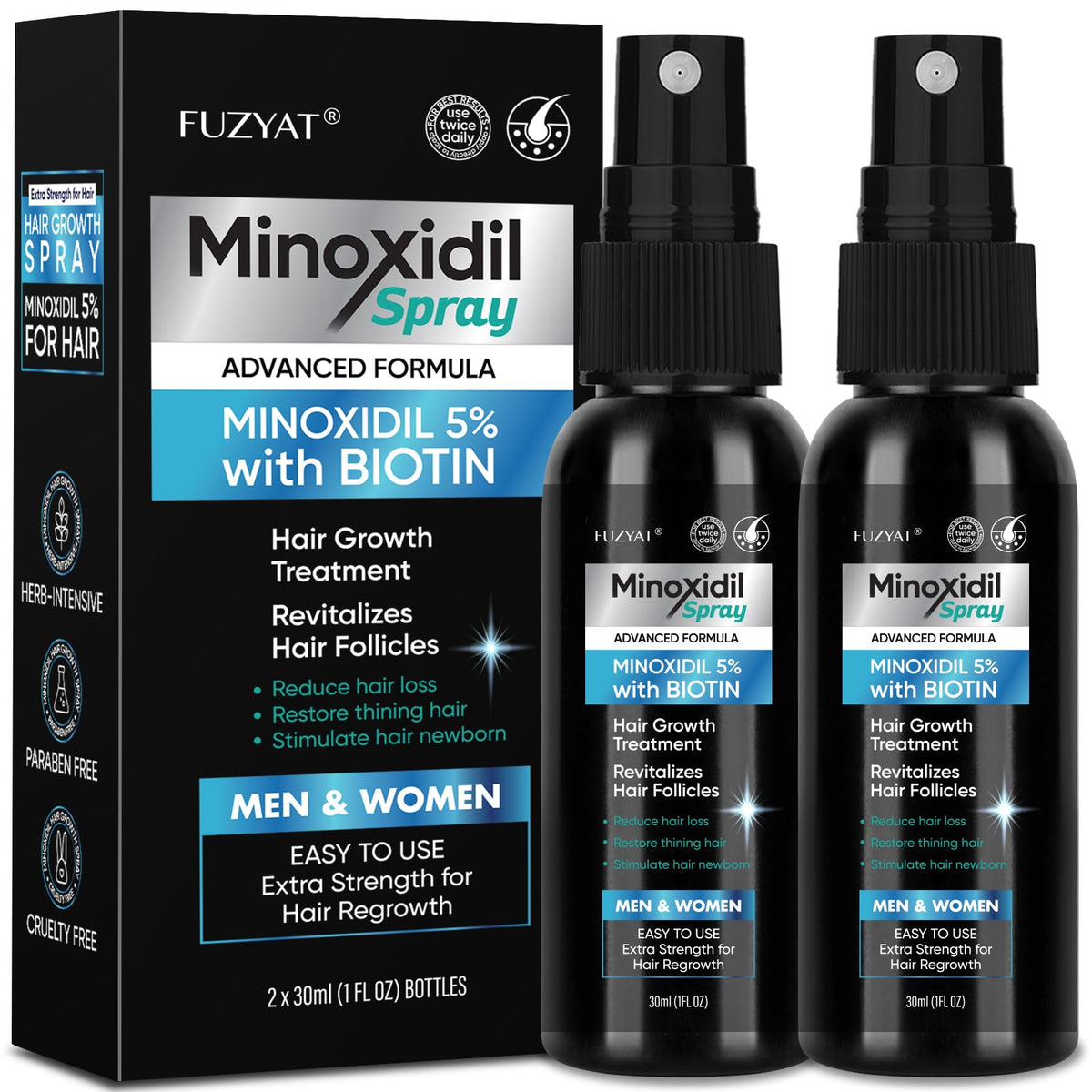 FUZYAT Minoxidil 5% bottle for easy scalp treatment and daily use.