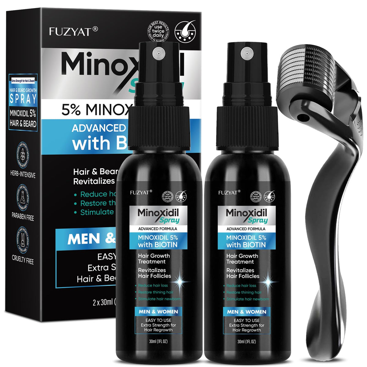 FUZYAT minoxidil spray bottle closeup for thinning hair support
