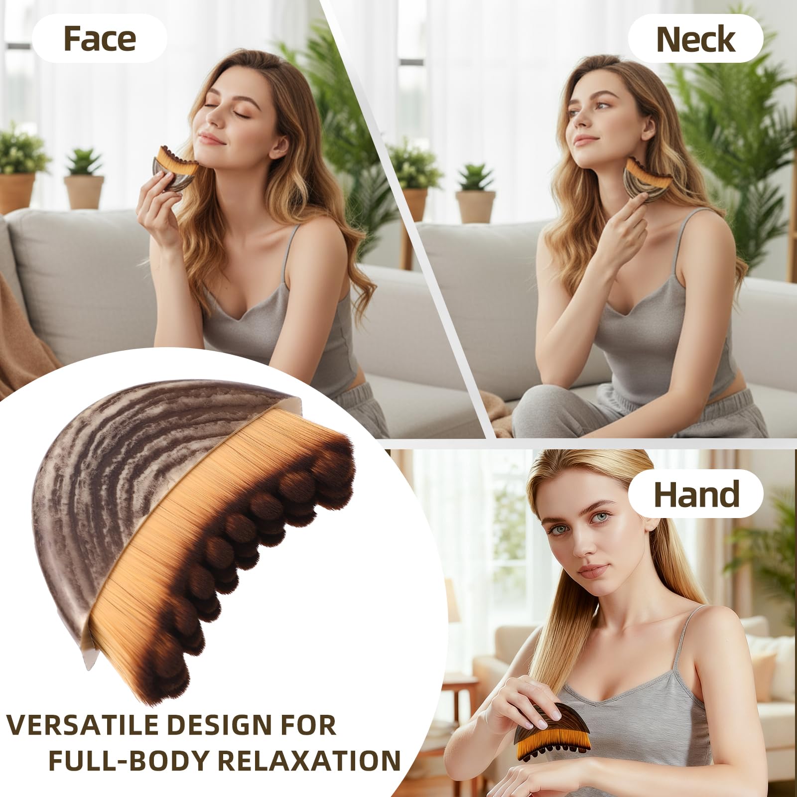 Fvbber gua sha board with rounded edges used on neck for subtle de-puffing.