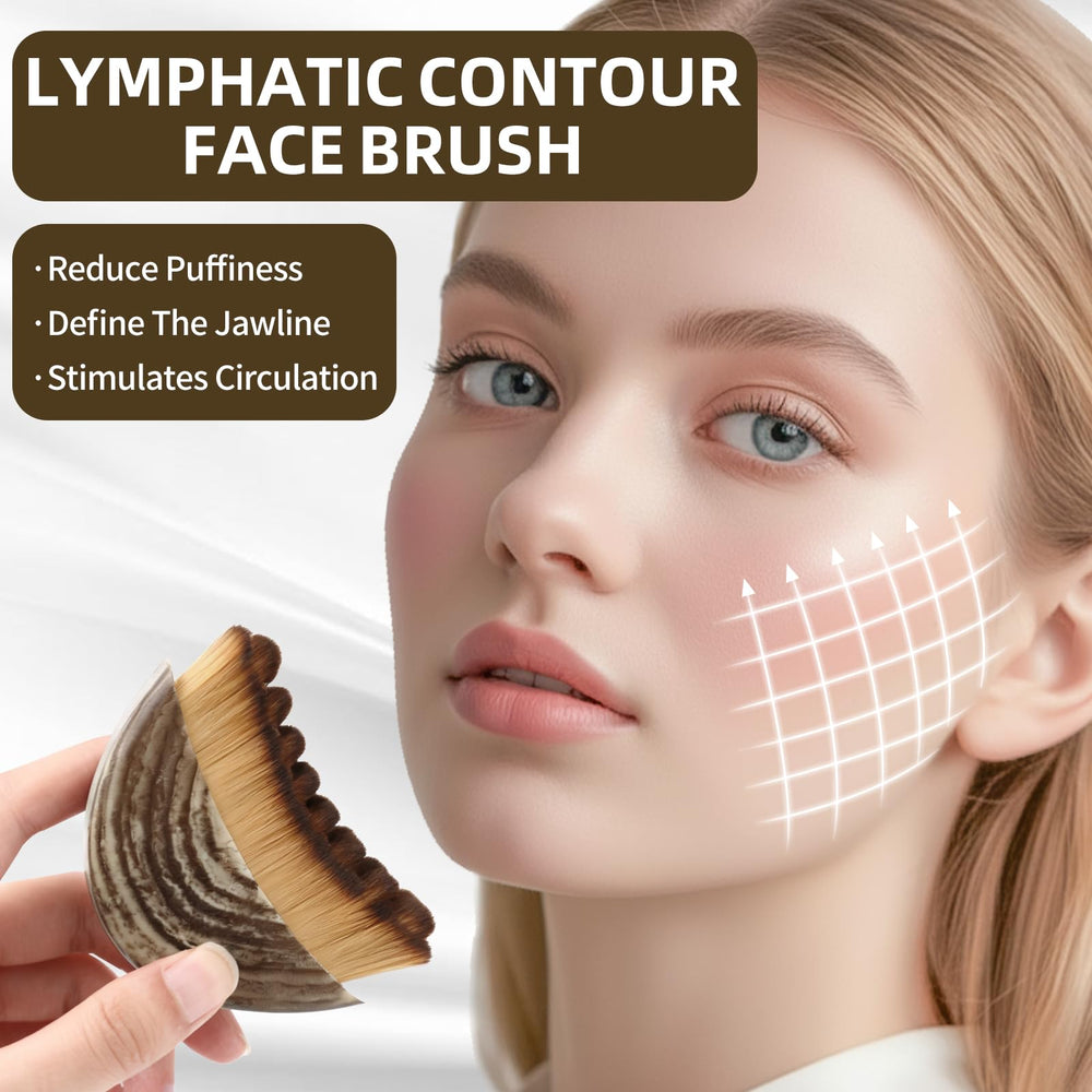 Fvbber lymphatic contour brush applied on cheek area for targeted contouring along the jawline.