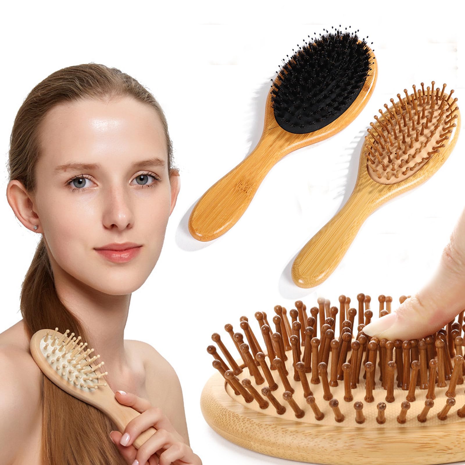 Fving bamboo hair brush set boar bristles closeup quality materials