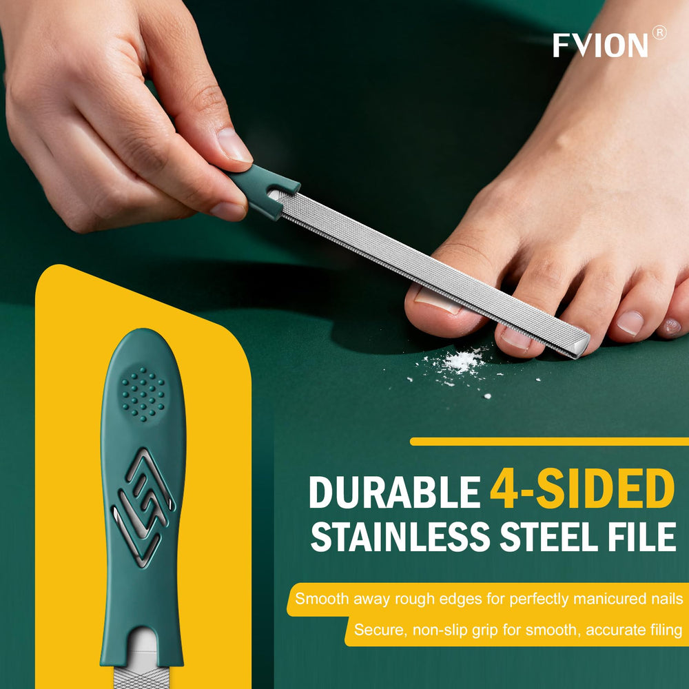 FVION ergonomic-handle senior-use close-up emphasizes comfortable grip during nail care.