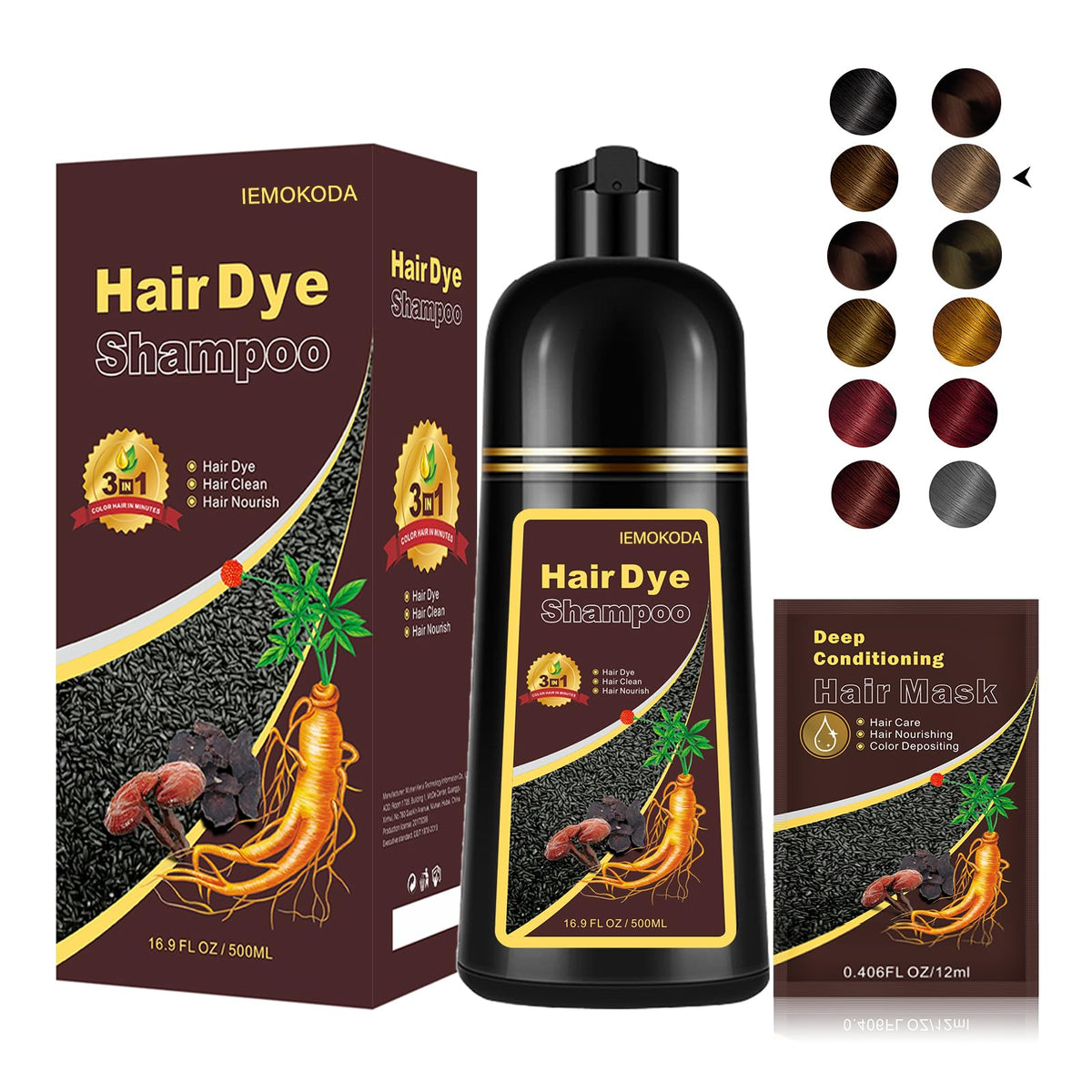 Fvquhvo Herbal Light Brown Shampoo bottle demonstrates quick 3-in-1 color, cleanse, and condition.
