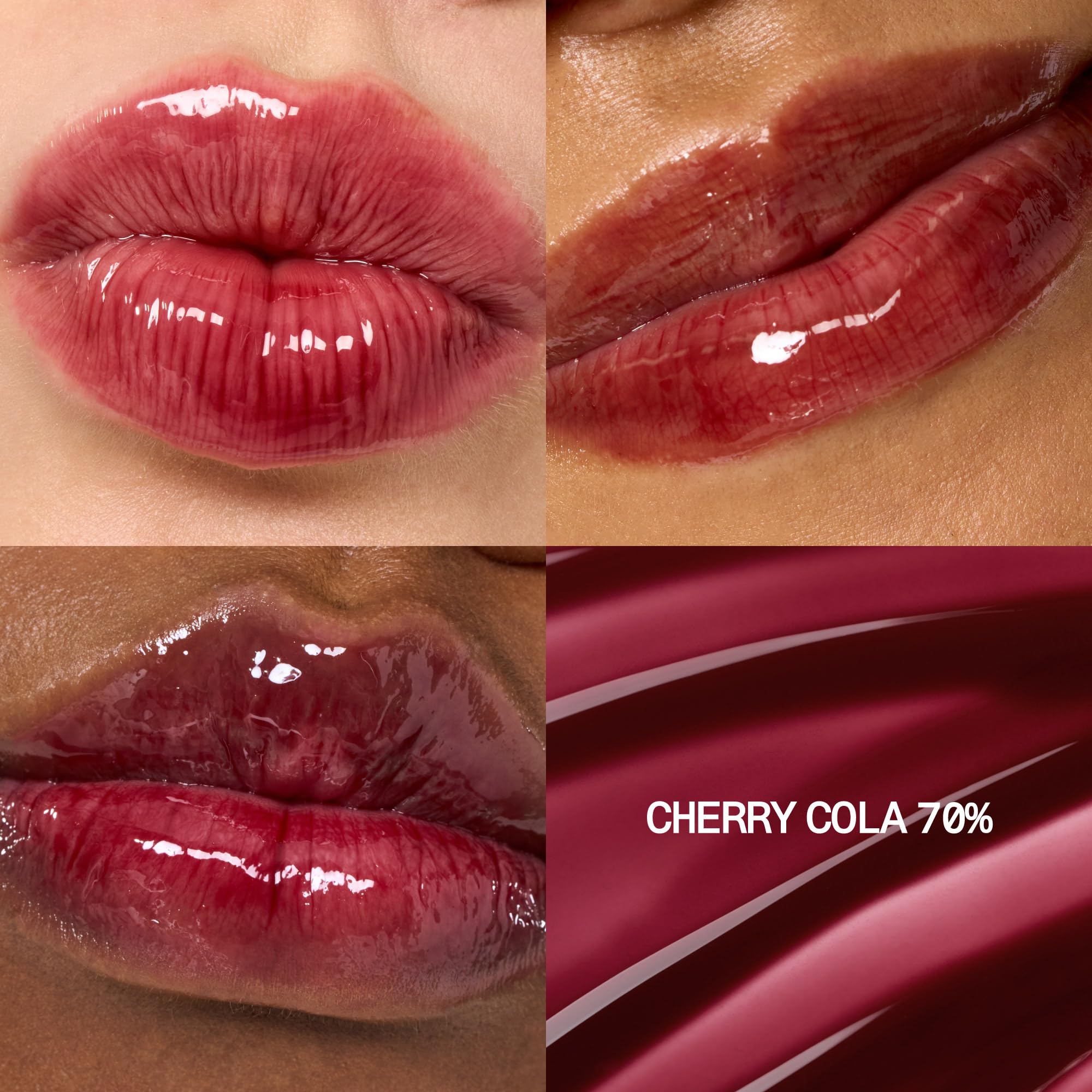 fwee 3D Voluming Gloss Cherry Cola 70% applicator close-up highlights smooth glide for comfortable wear