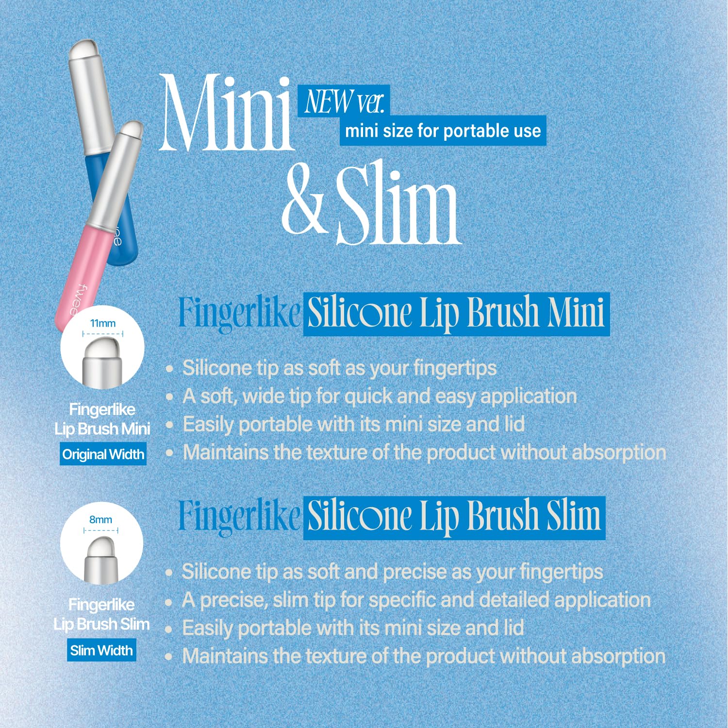 fwee fingerlike silicone lip brush slim, hands-on use, versatile lip and blend helper.