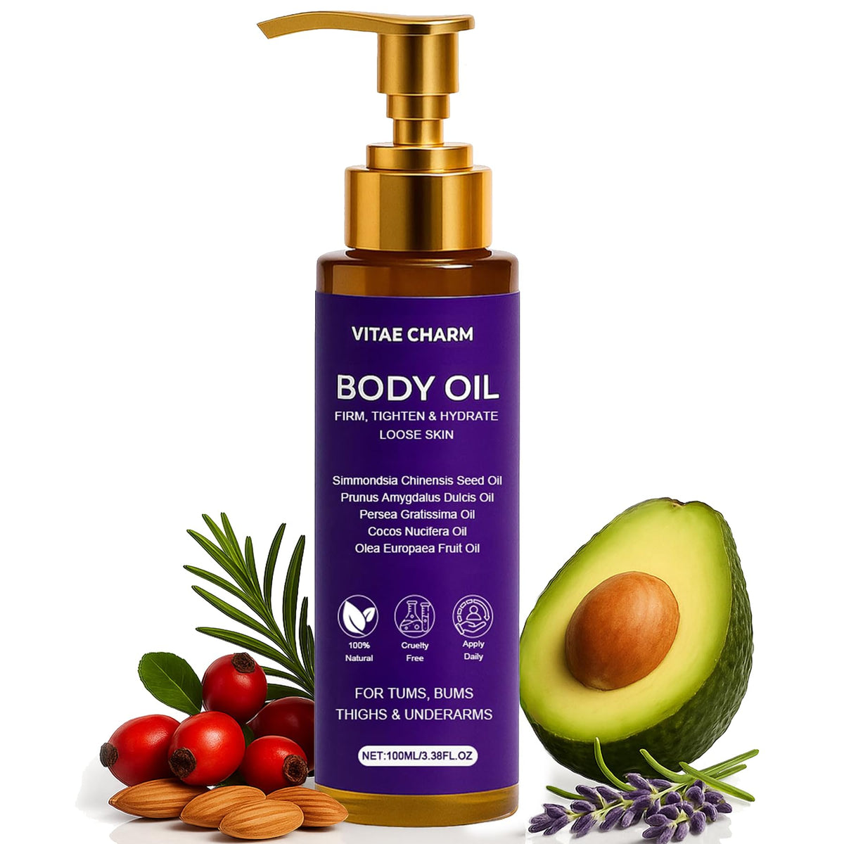 FWPTEI Vitae Charm Body Firming Oil bottle beside golden oil pour demonstrates luxurious hydration for daily care.