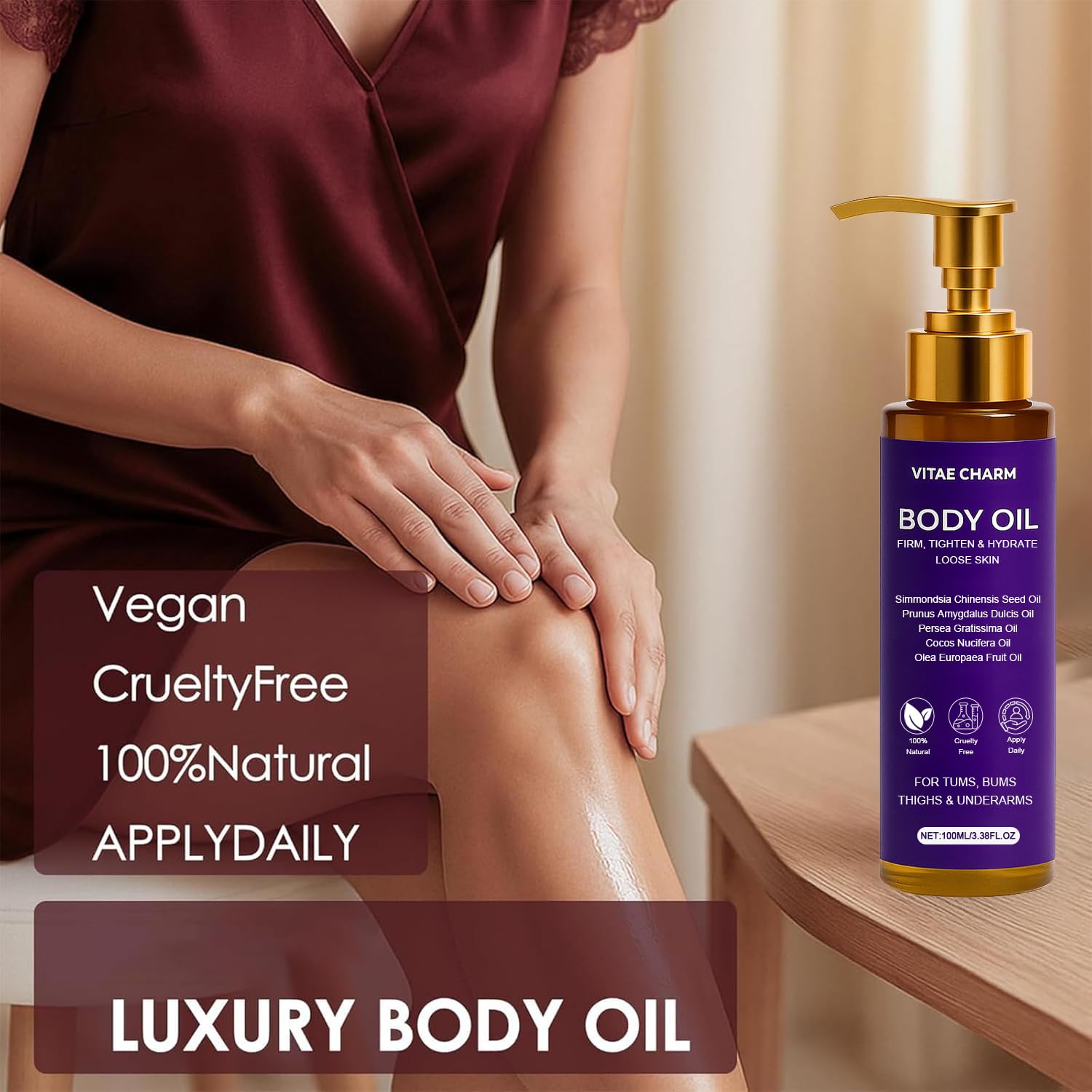 FWPTEI Vitae Charm oil on skin after shower illustrating smoothing hydration for dry skin.