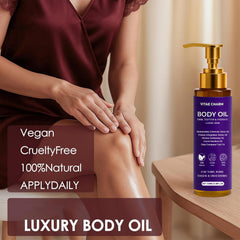 FWPTEI Vitae Charm oil on skin after shower illustrating smoothing hydration for dry skin.